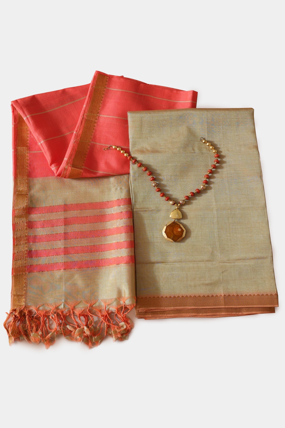 Devika Pure Venkatagiri Unstitched Suit Set in Light Pista Green, Dupatta in Shades of Bright Orangish Pink - Indian Handloomz