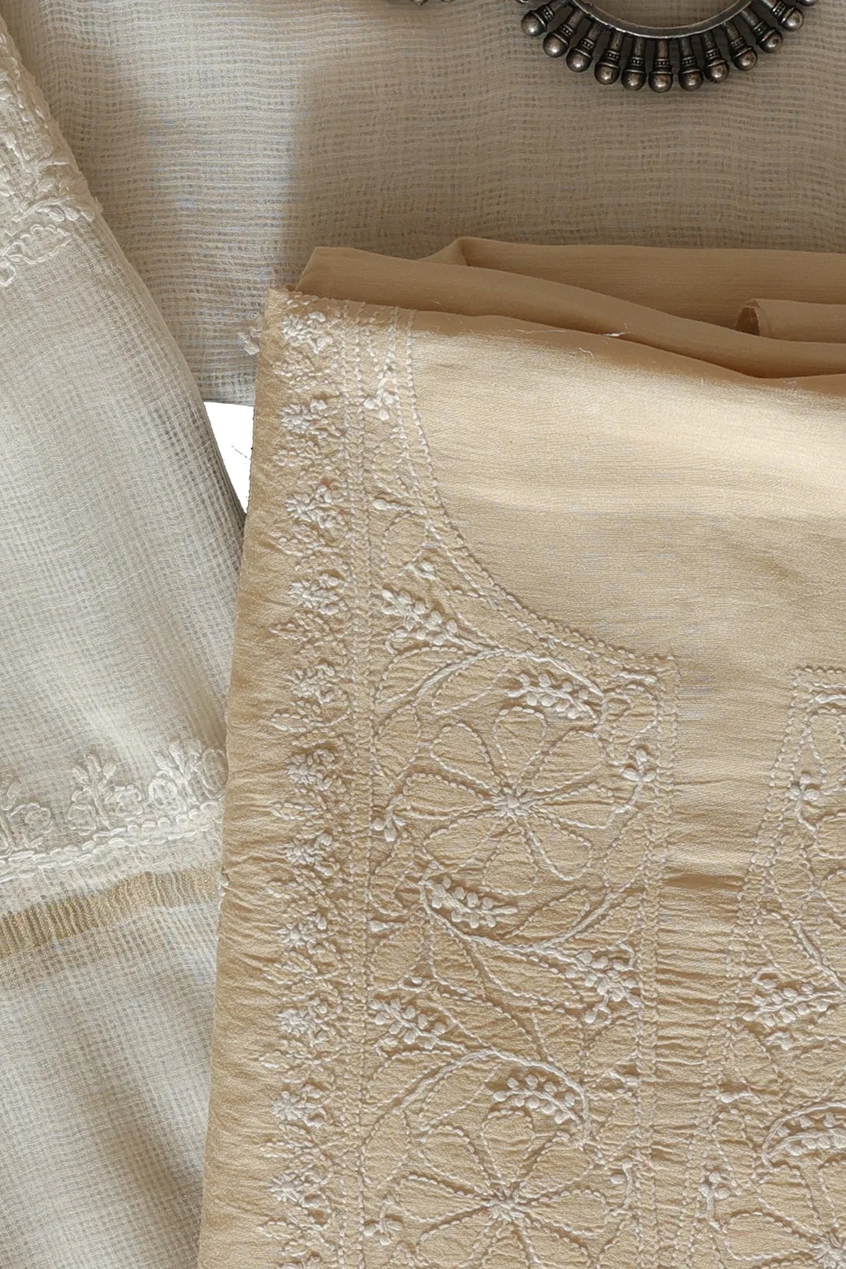 Radhya Moonga Silk Unstitched Suit Set in Beige Colour with Chikankari Embroidery with Golden Border - Indian Handloomz
