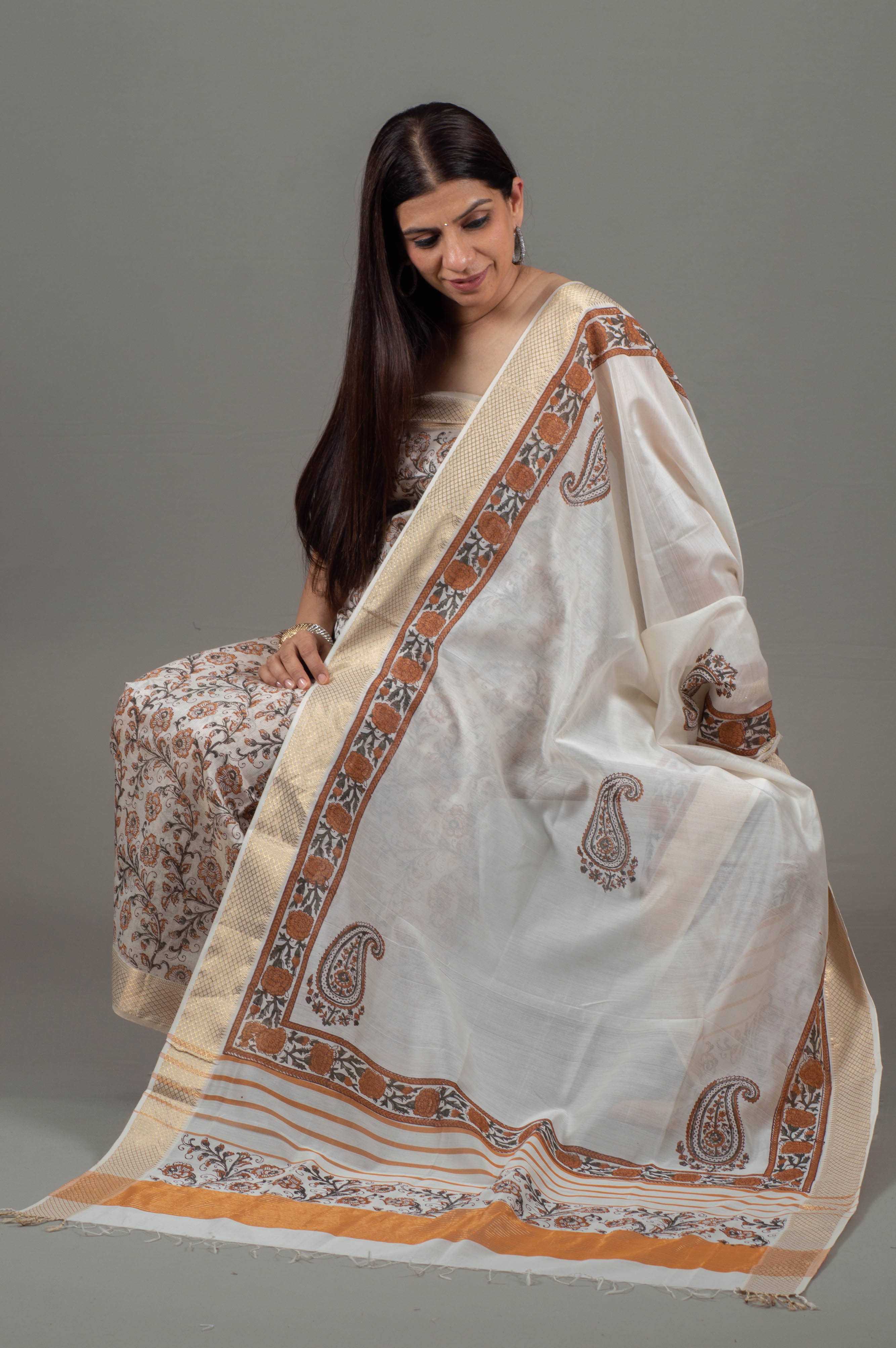 Amaira Tissue Cotton Silk Maheshwari Unstitched Suit Set in Charming Print Featuring Rust & Green Floral Motifs  with Double Zari Border - Indian Handloomz