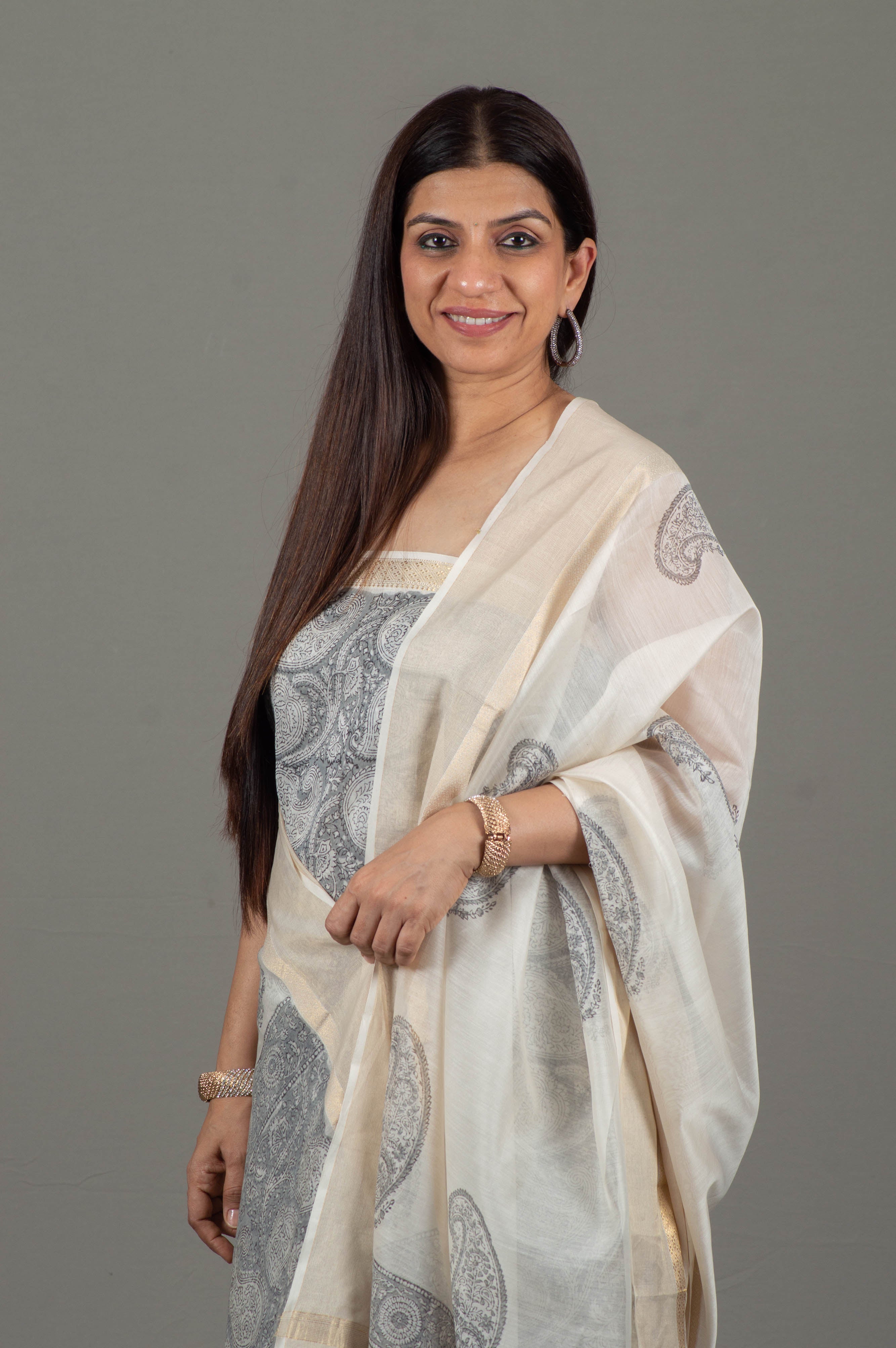 Keshavi Tissue Cotton Silk Maheshwari Unstitched Suit Set in Off-white & Light Ash Grey Shades - Indian Handloomz