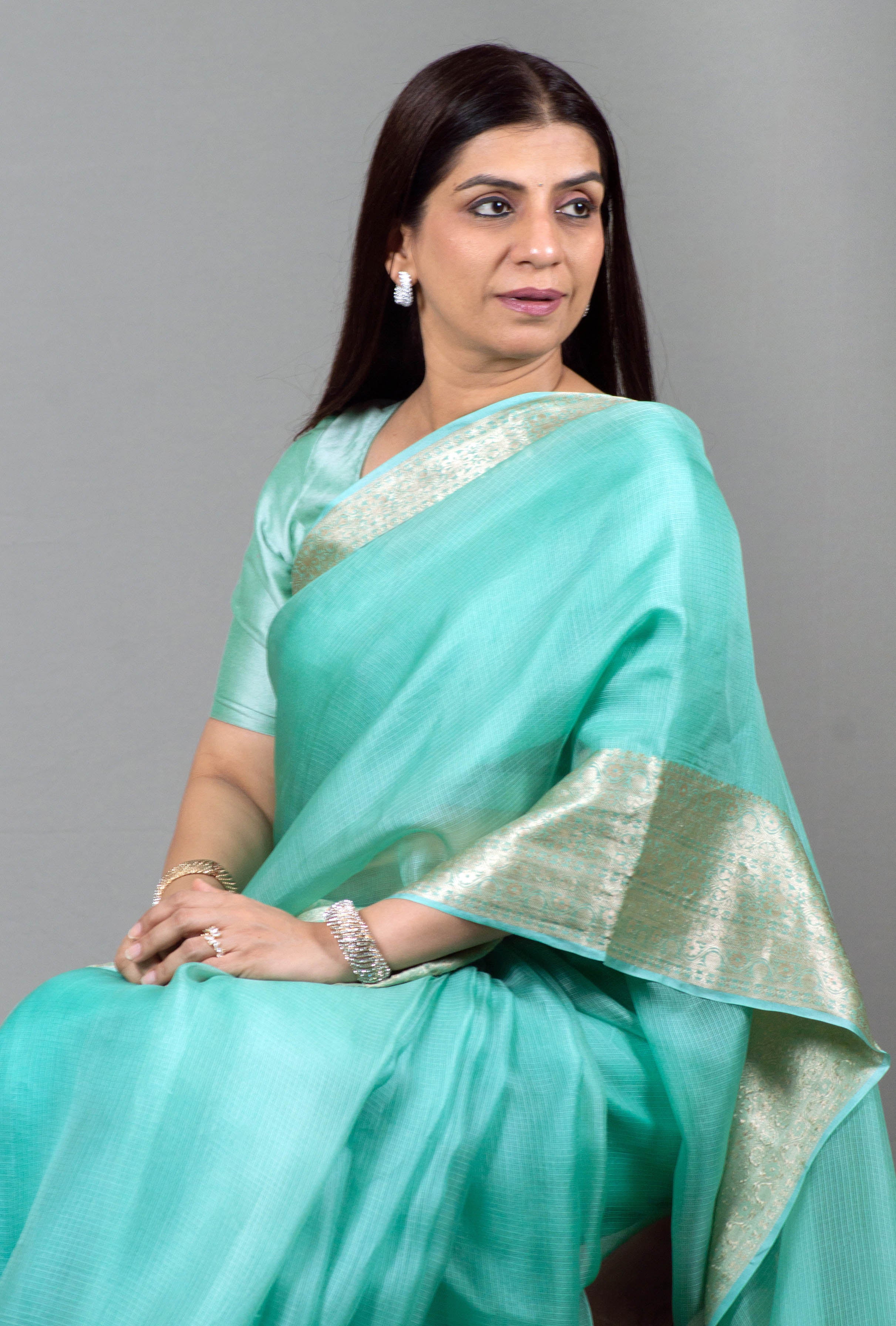 Anvita Pure Kota Silk Saree in Light Sea Green Colour with Zari Border - Indian Handloomz