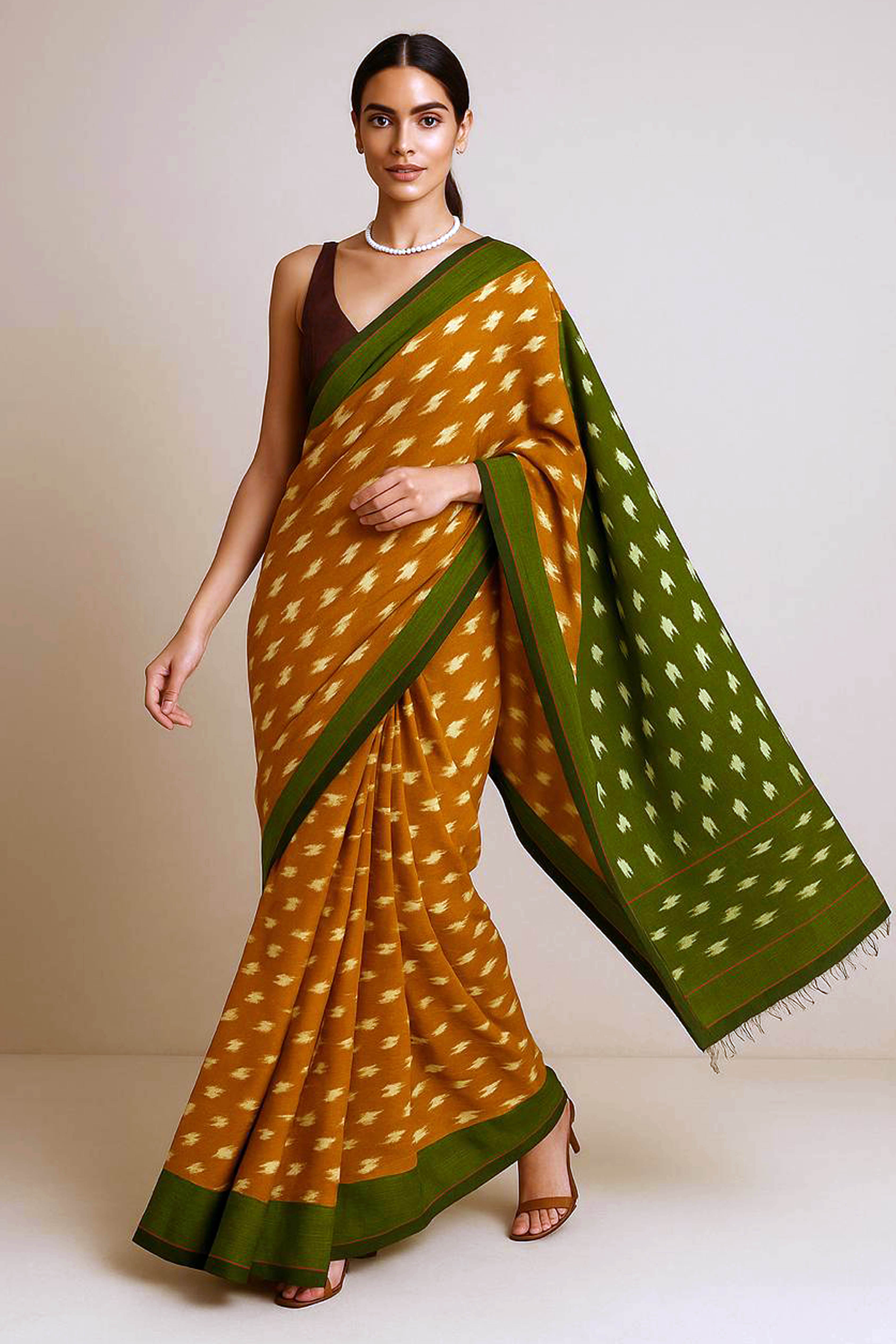 Orange & Dark Olive Green Cotton Silk Ikkat Saree