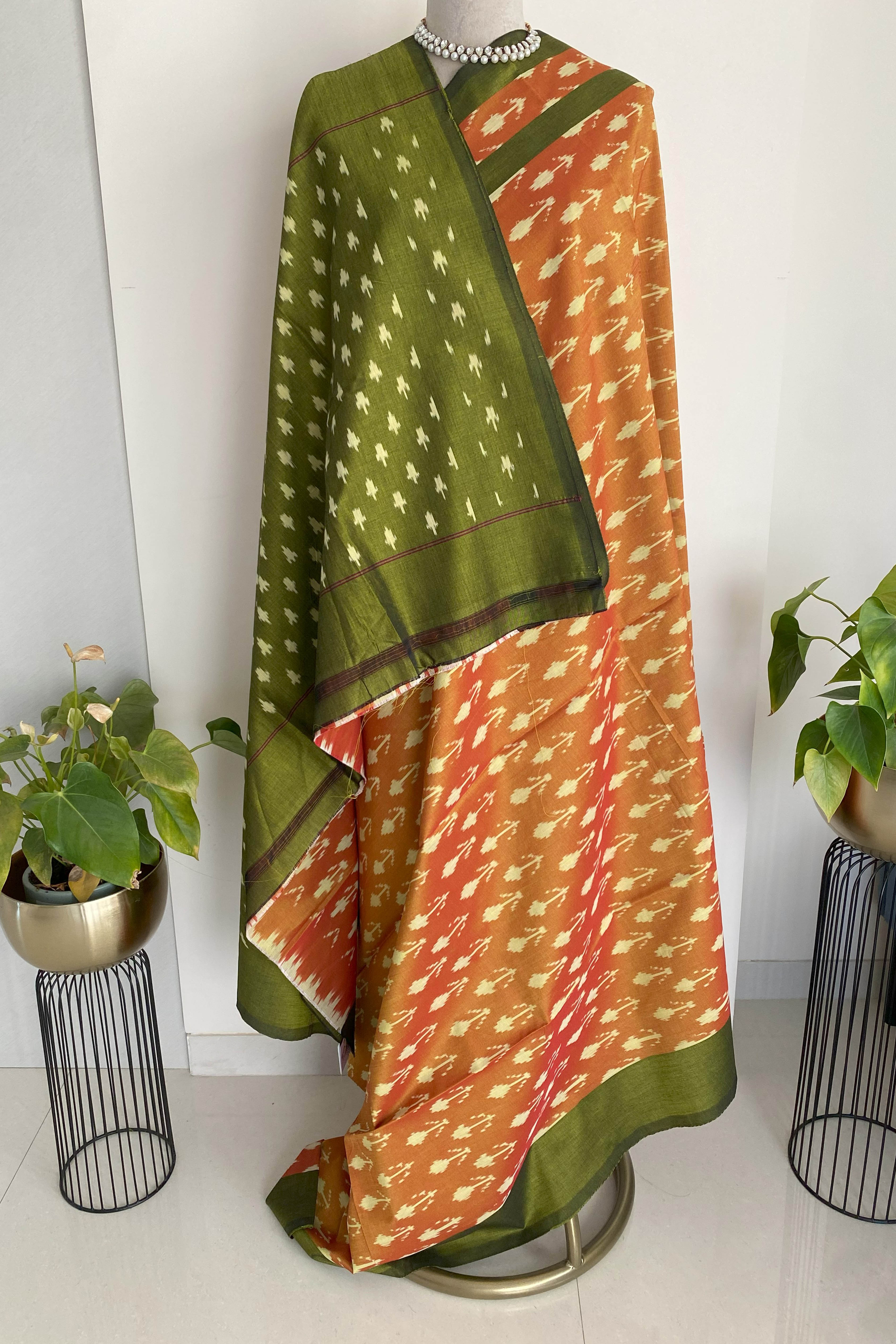 Orange & Dark Olive Green Cotton Silk Ikkat Saree