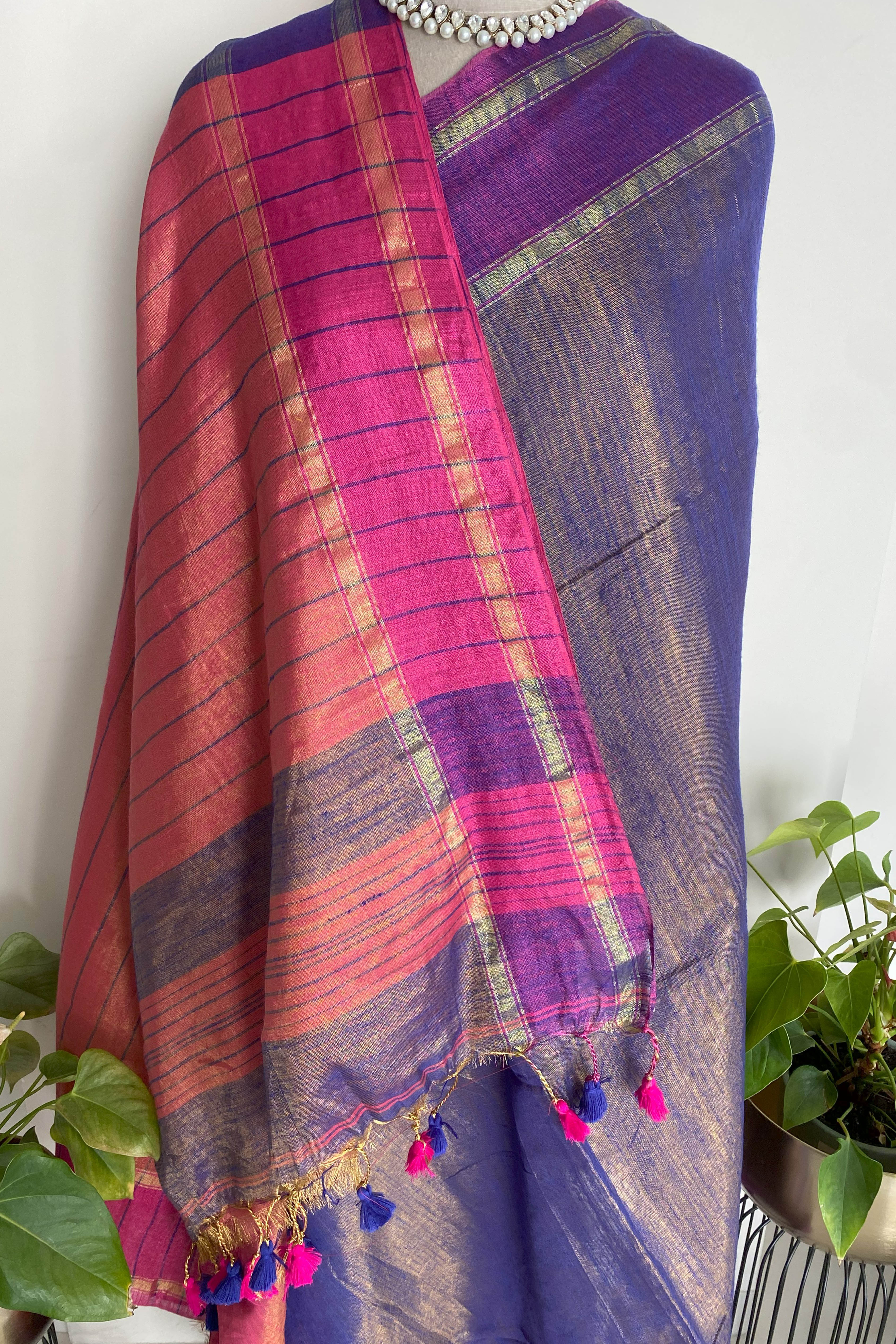 Purple & Pink Jamdani Tissue Cotton Saree