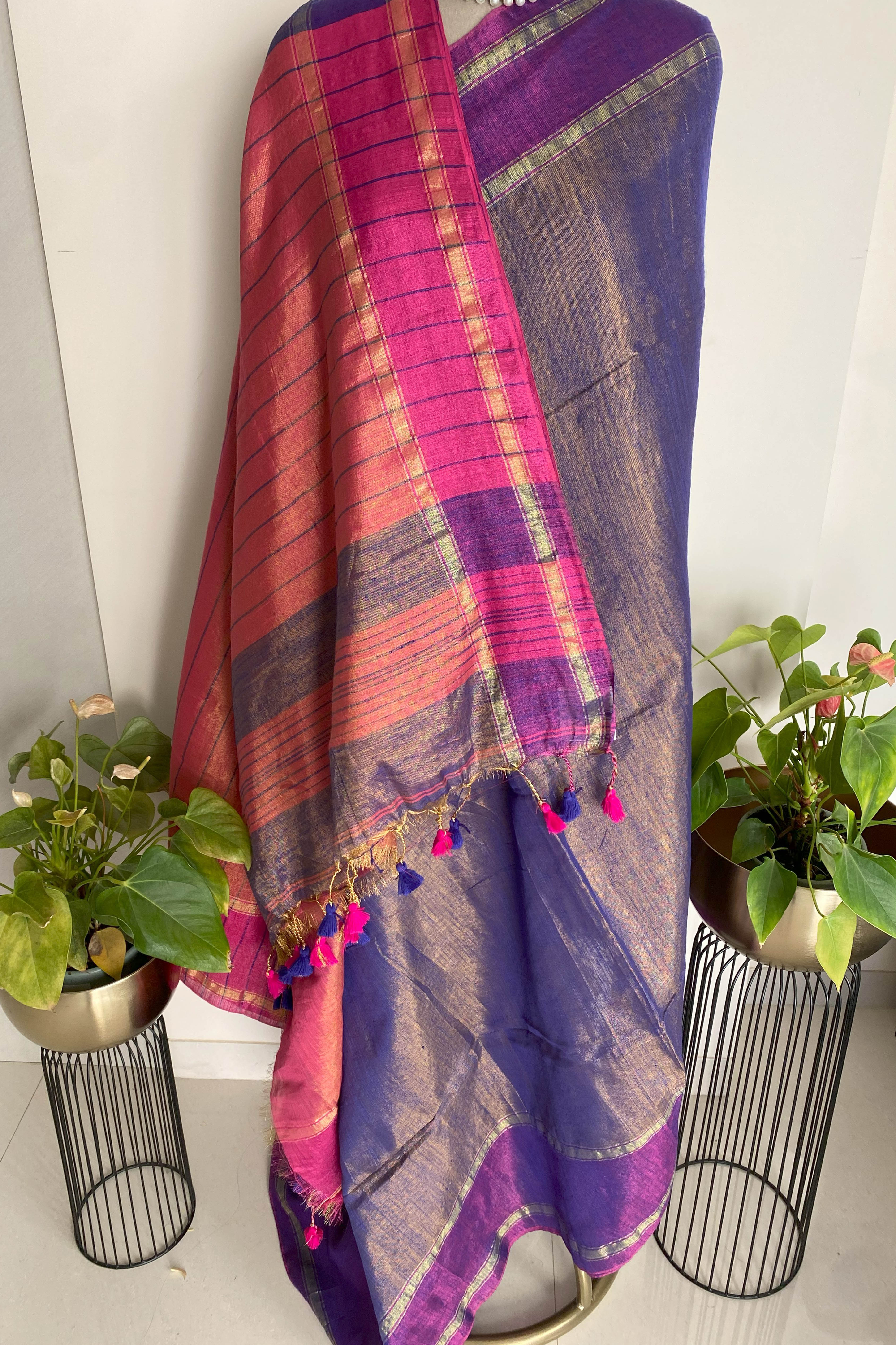 Purple & Pink Jamdani Tissue Cotton Saree