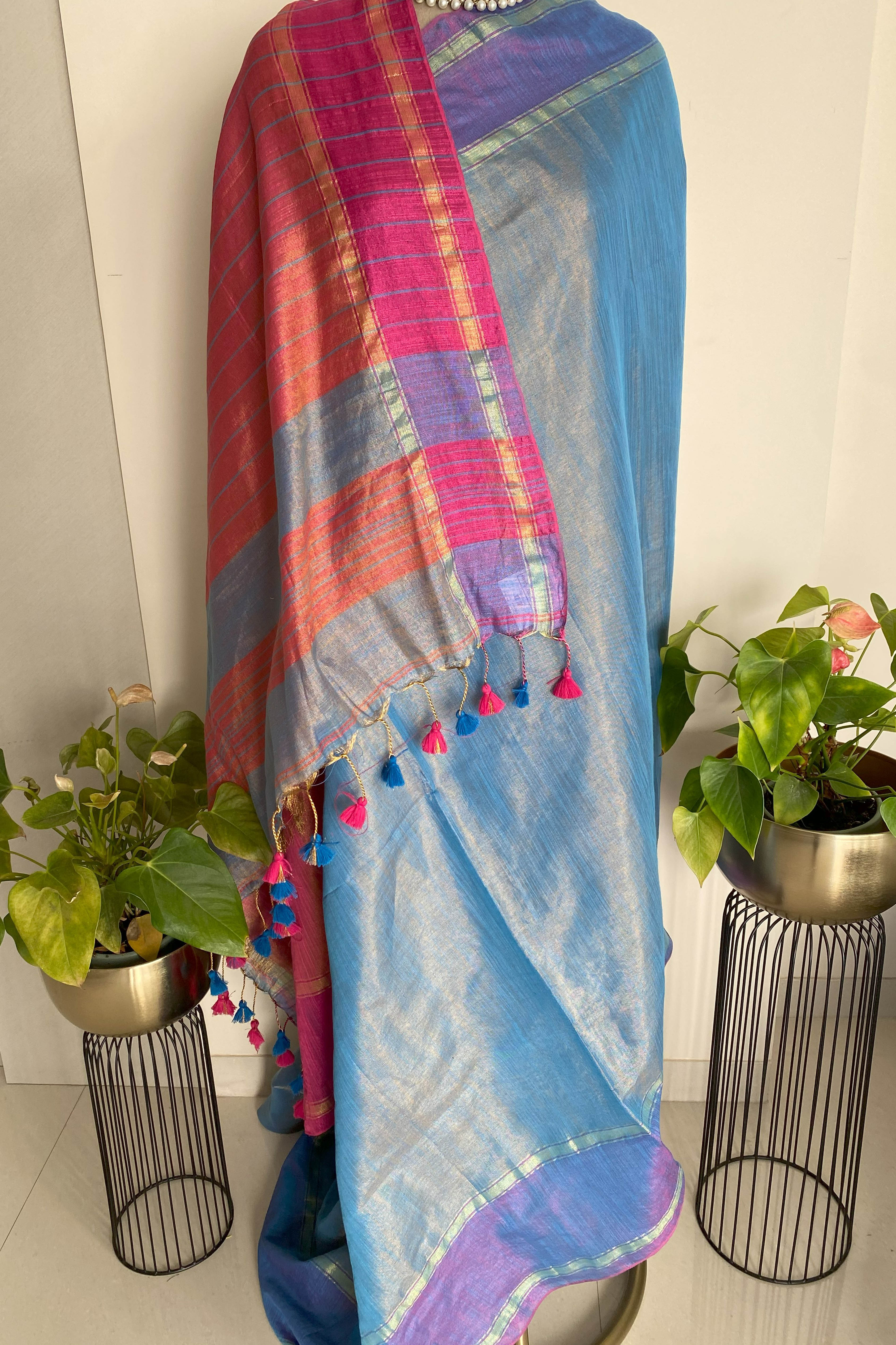 Light Blue & Pink Jamdani Tissue Cotton Saree