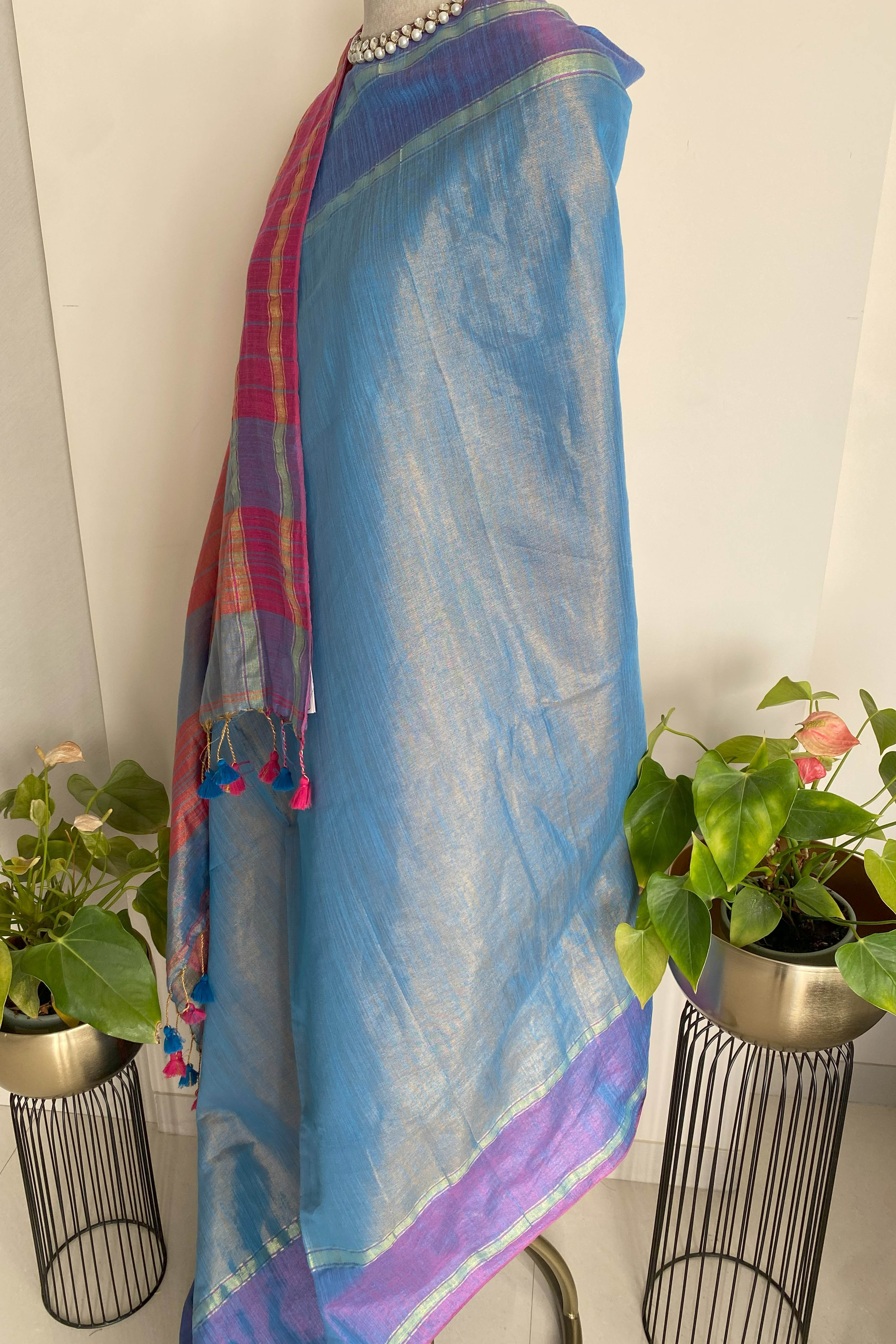 Light Blue & Pink Jamdani Tissue Cotton Saree