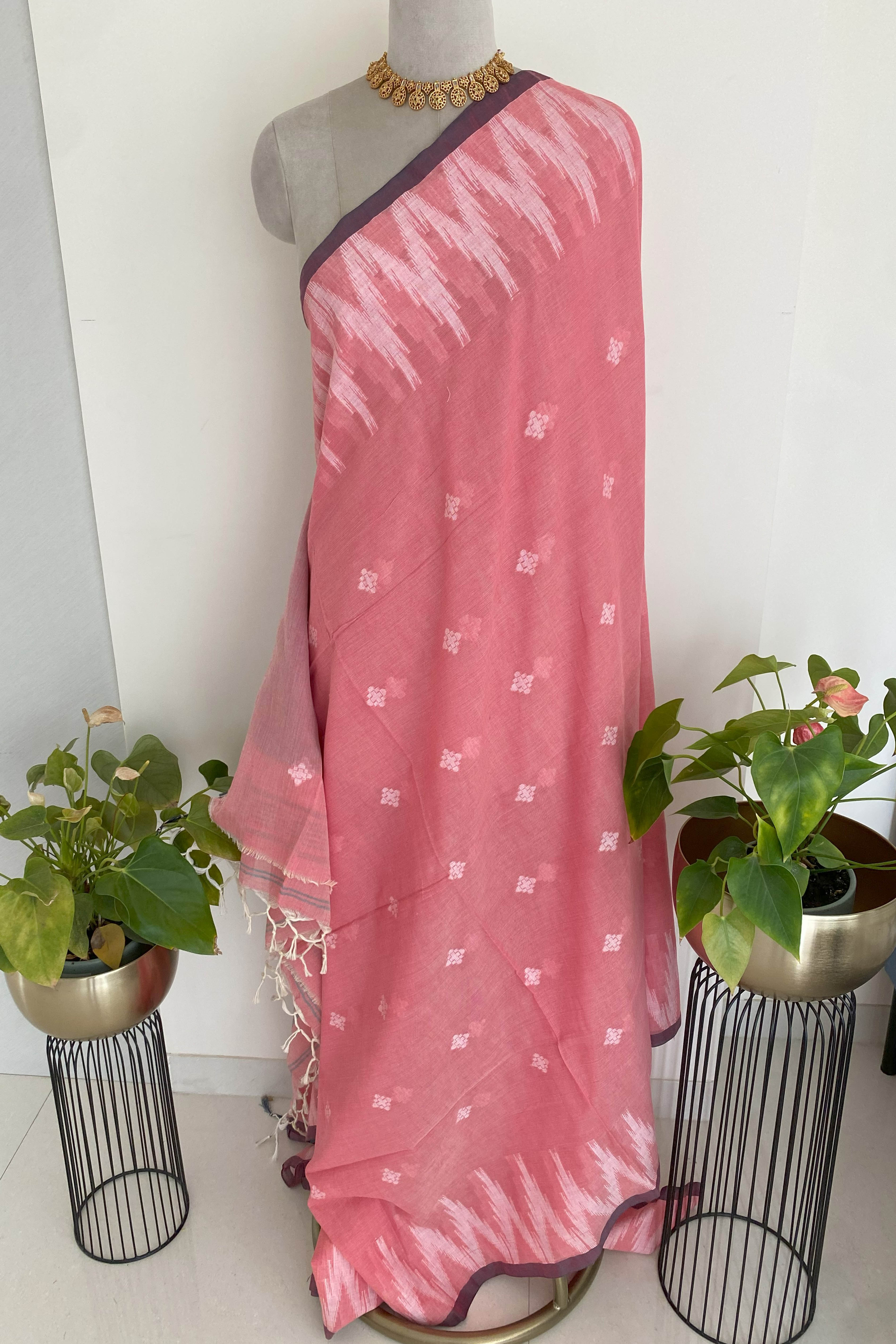Coral Pink & Grey Jamdani Pure Cotton Saree