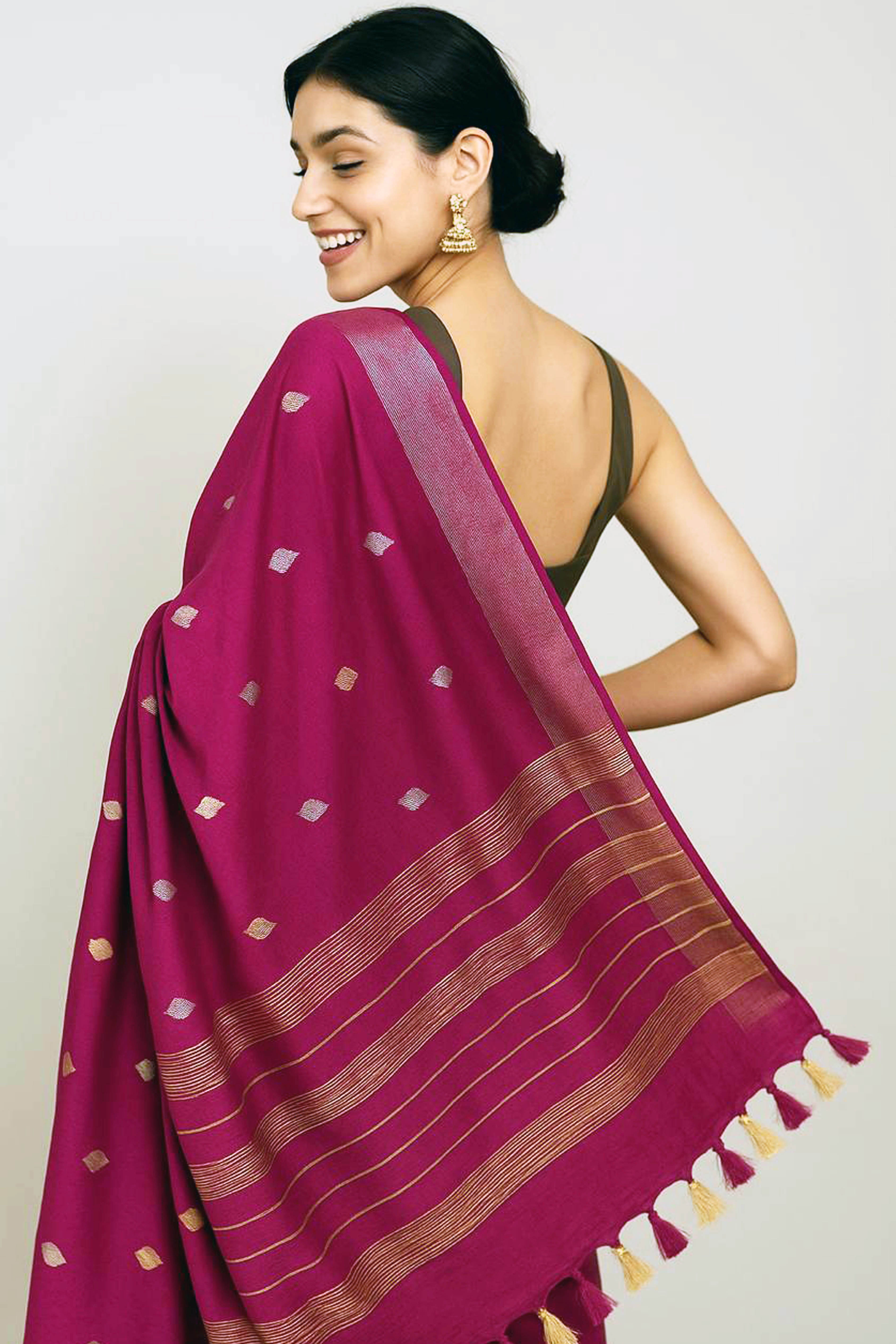 Magenta Cotton Silk Banarasi Saree - Indian Handloomz