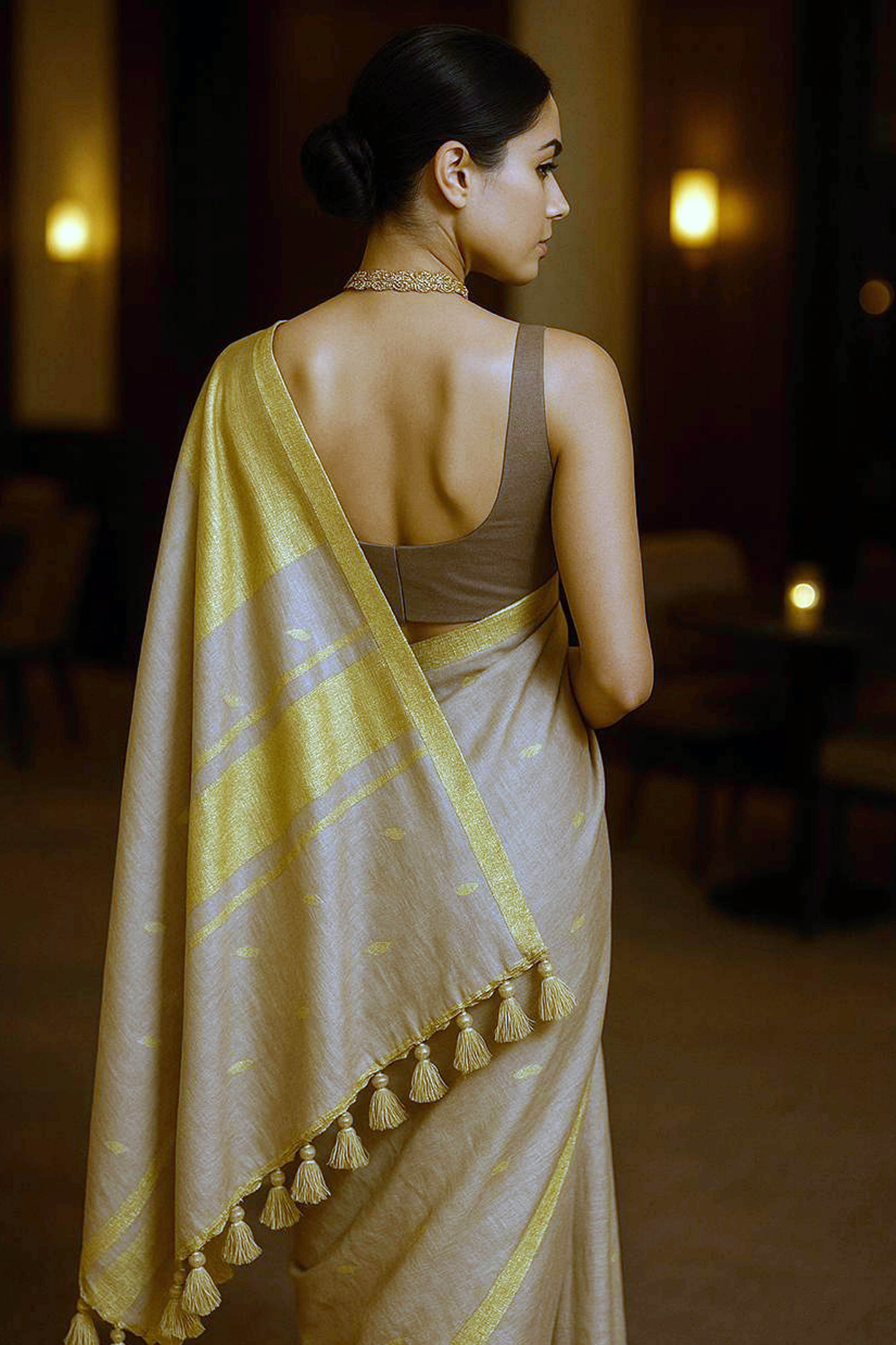 Banarasi Cotton Silk Saree in Beige & Golden Colour - Indian Handloomz