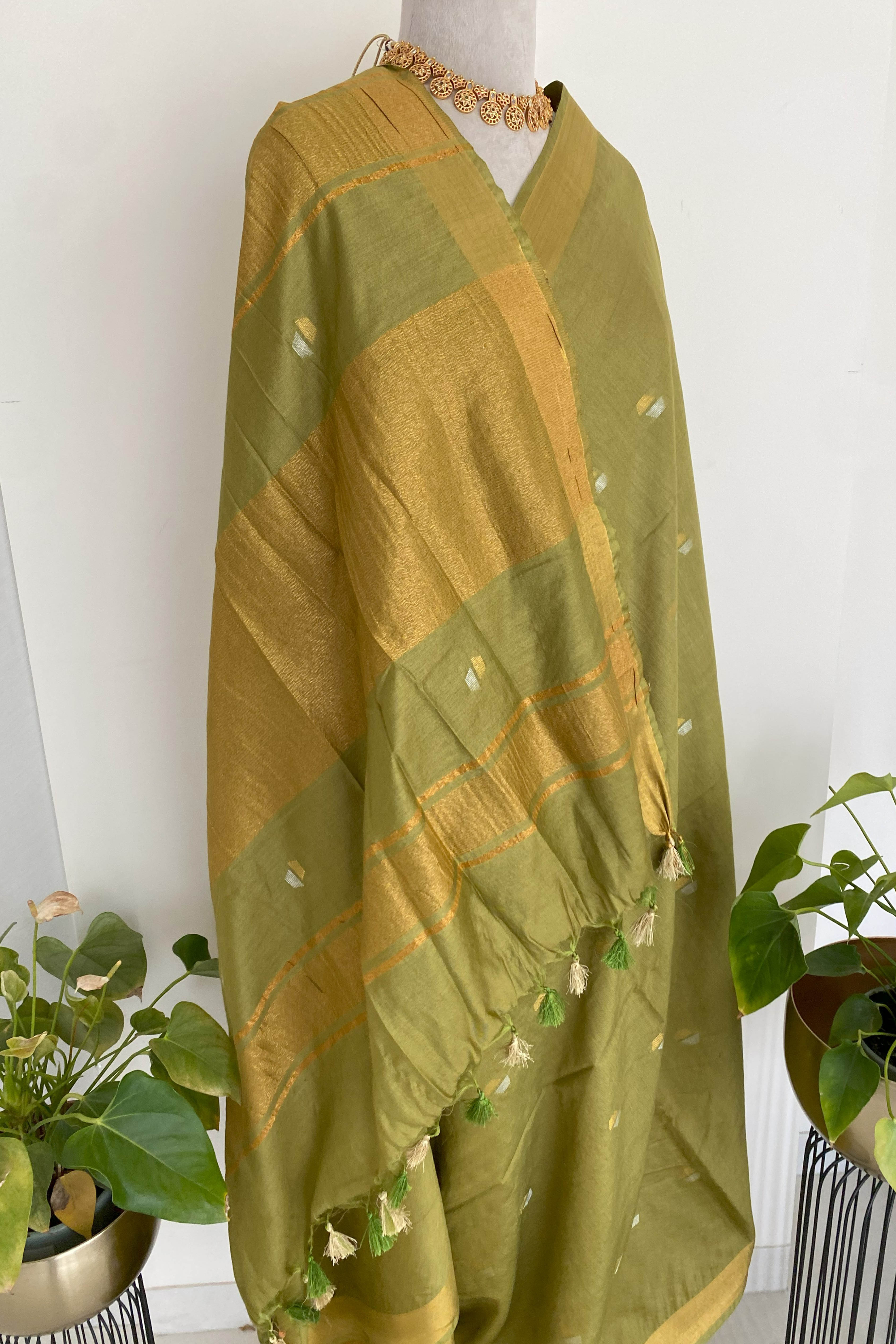 Banarasi Cotton Silk Saree in Mint Green Colour