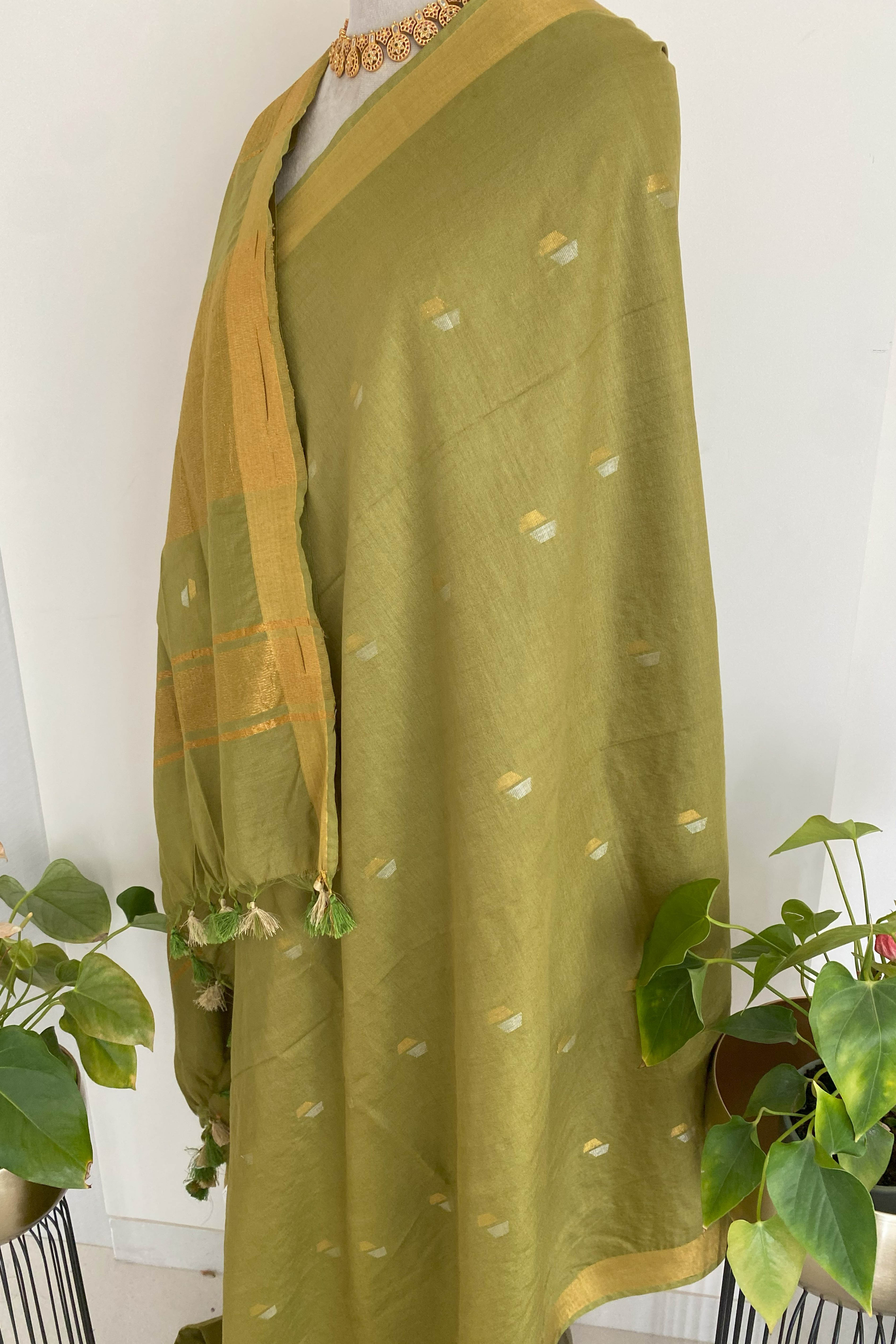 Banarasi Cotton Silk Saree in Mint Green Colour