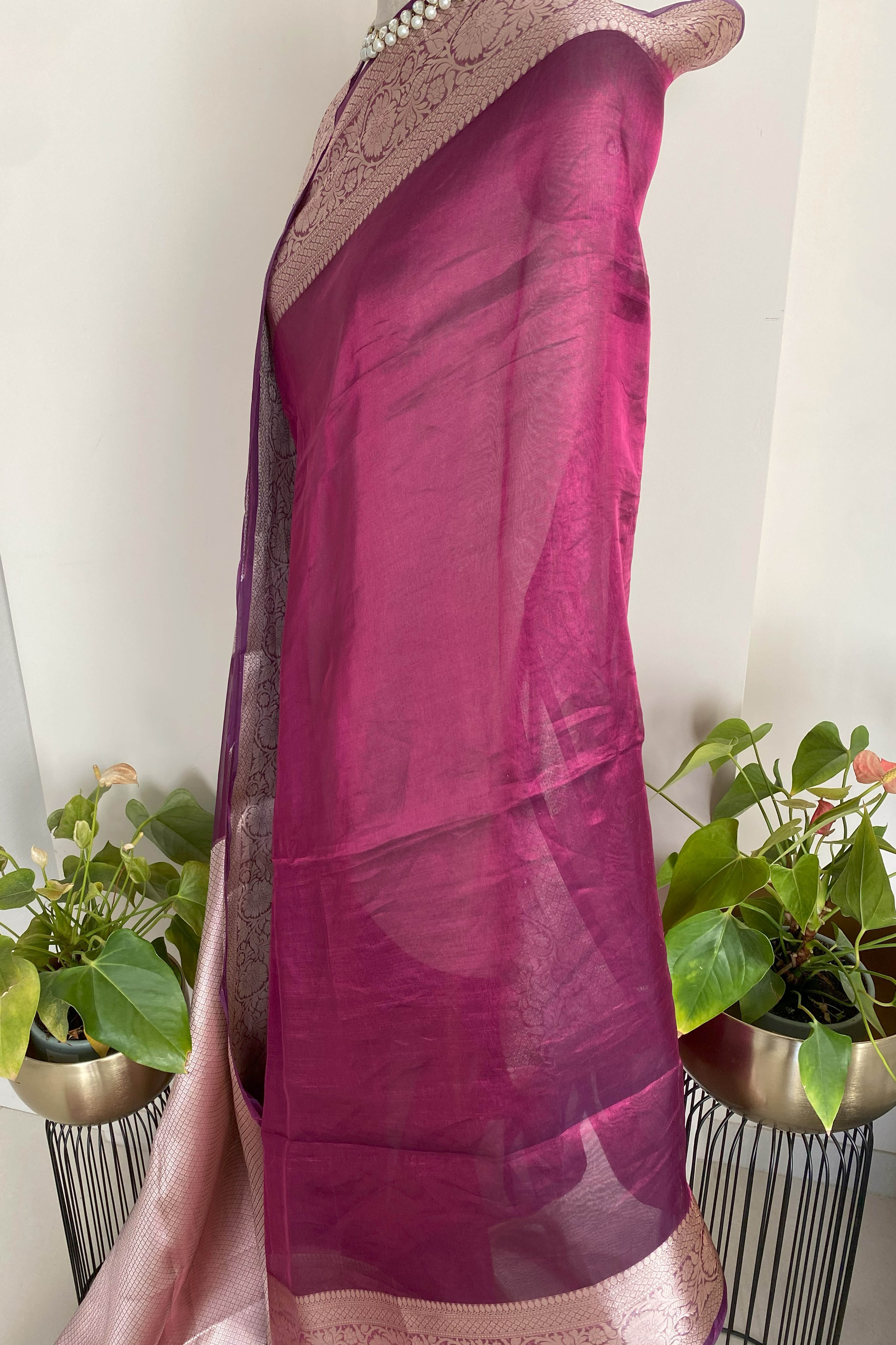 Dupion Tissue Silk Saree in Magenta