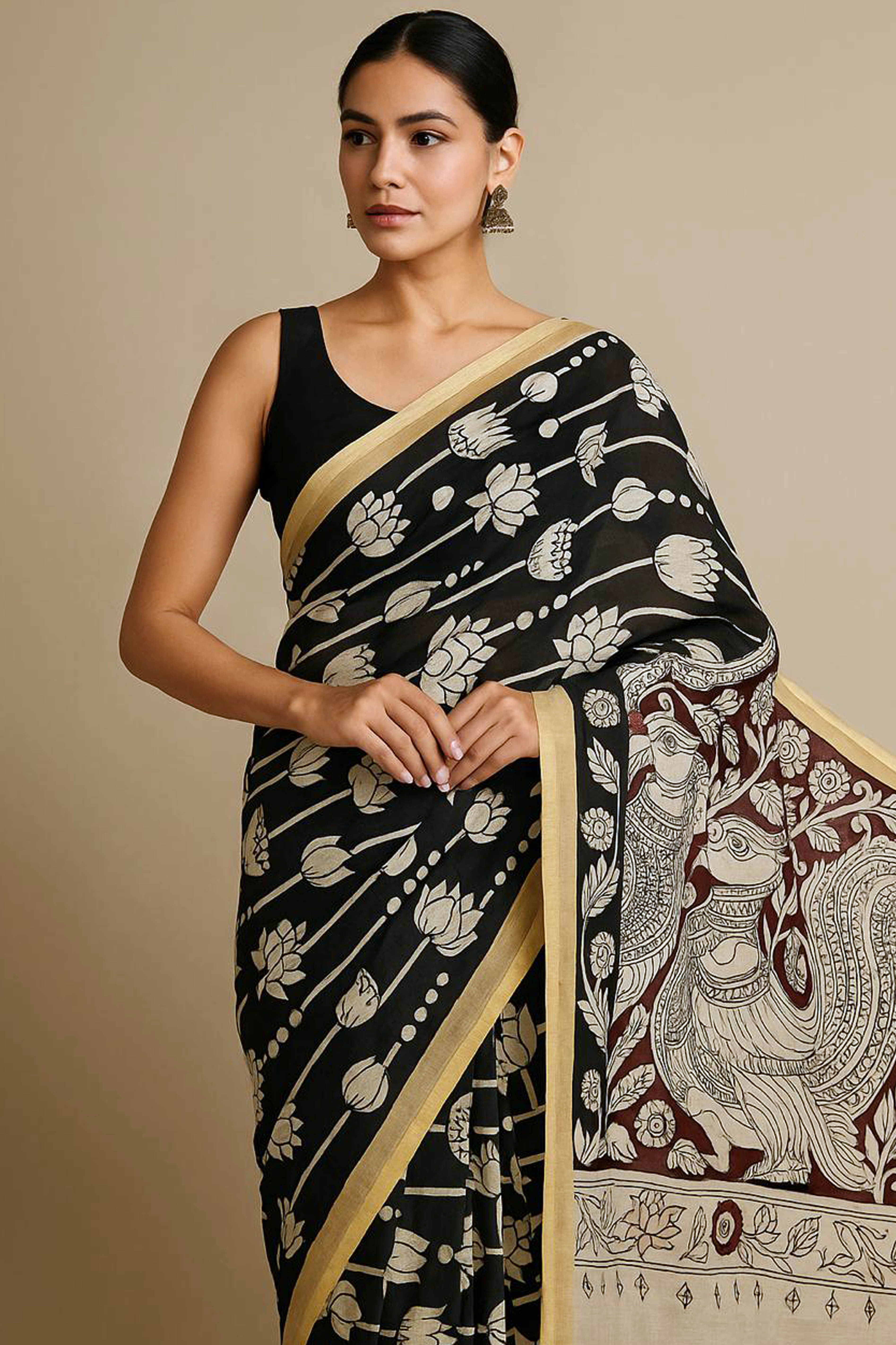 Kalamkari Chenur Silk Saree Black & Maroon