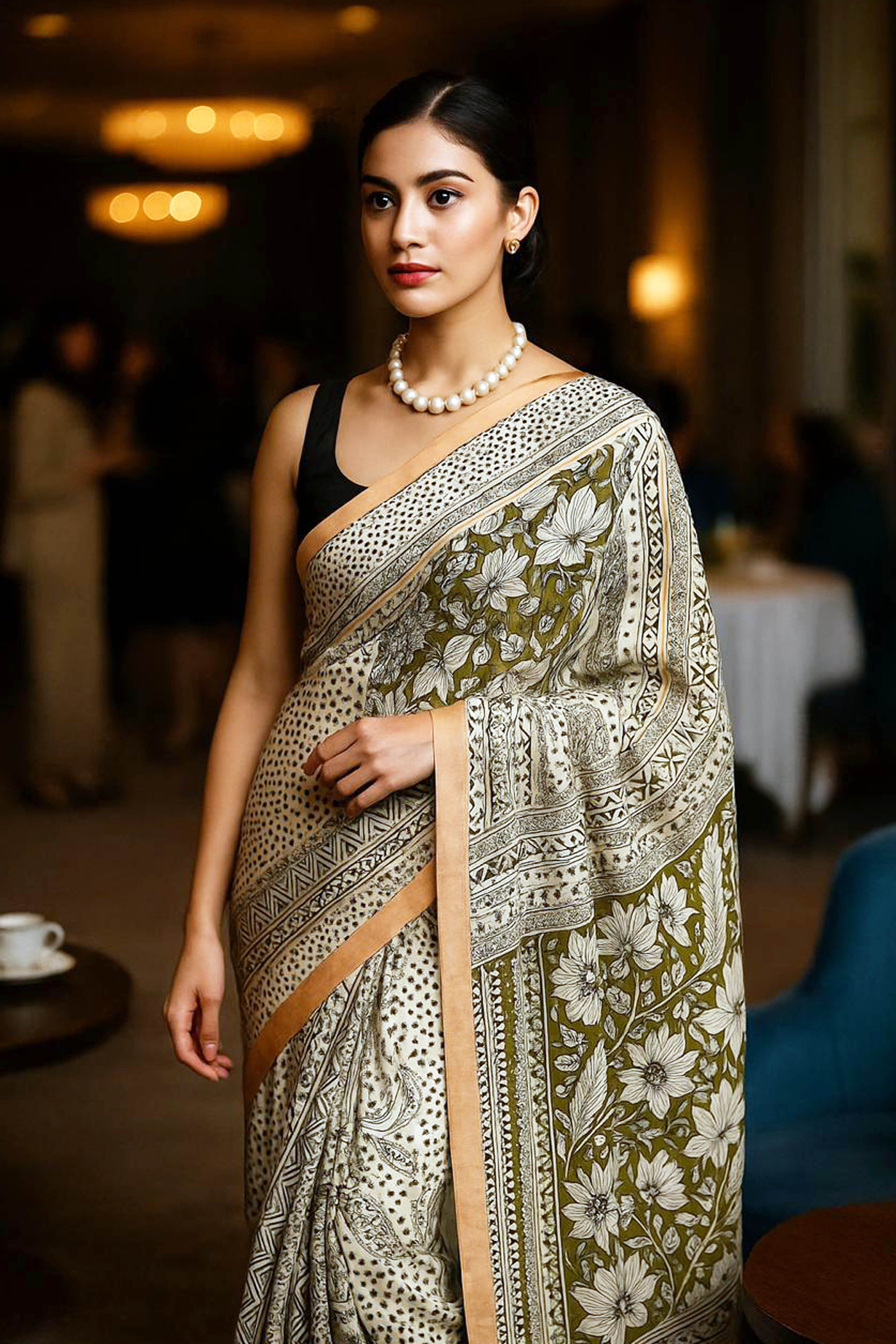 Kalamkari Chennur Silk Saree in Ivory & Green