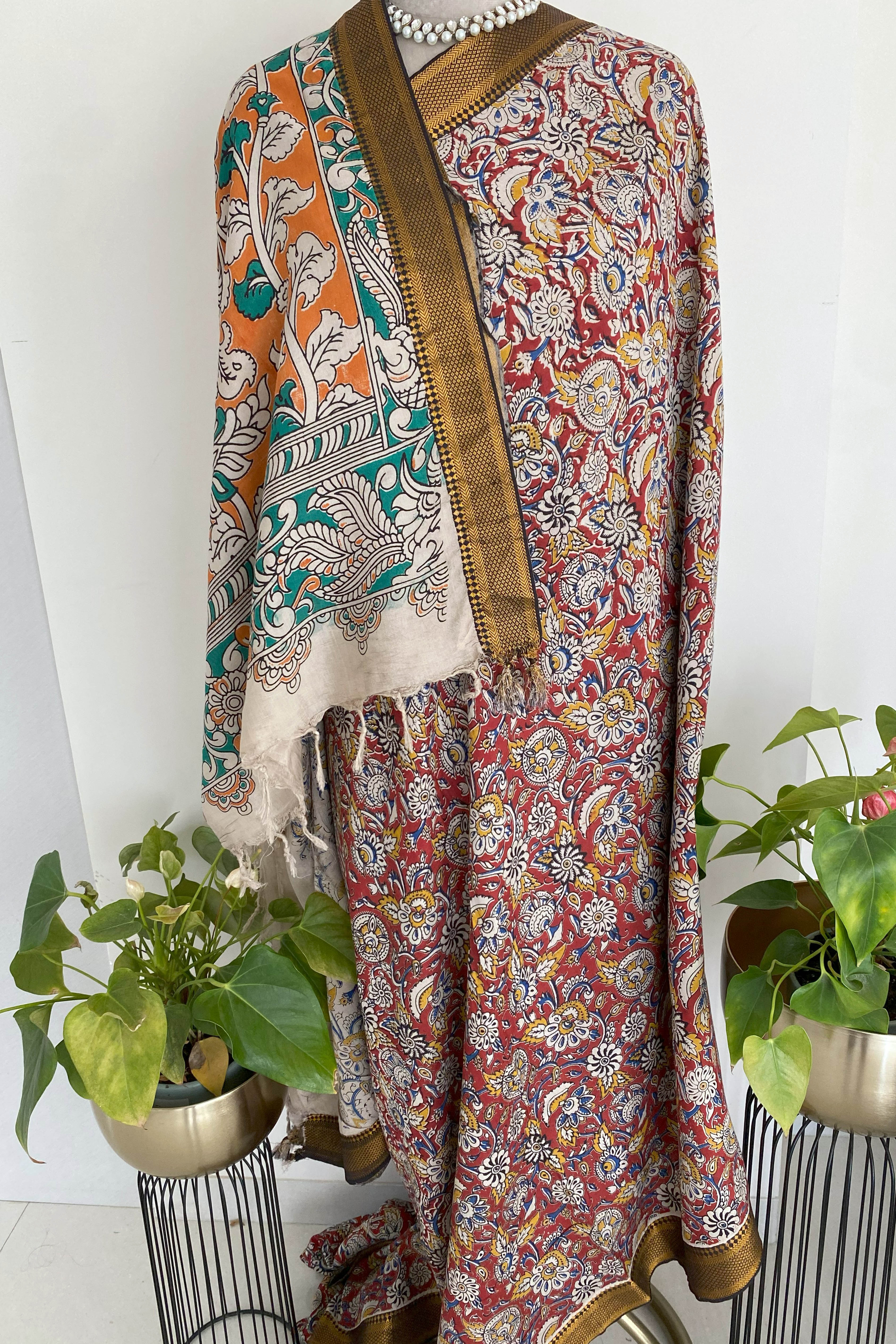 Kalamkari Chennur Silk in Maroon & Green