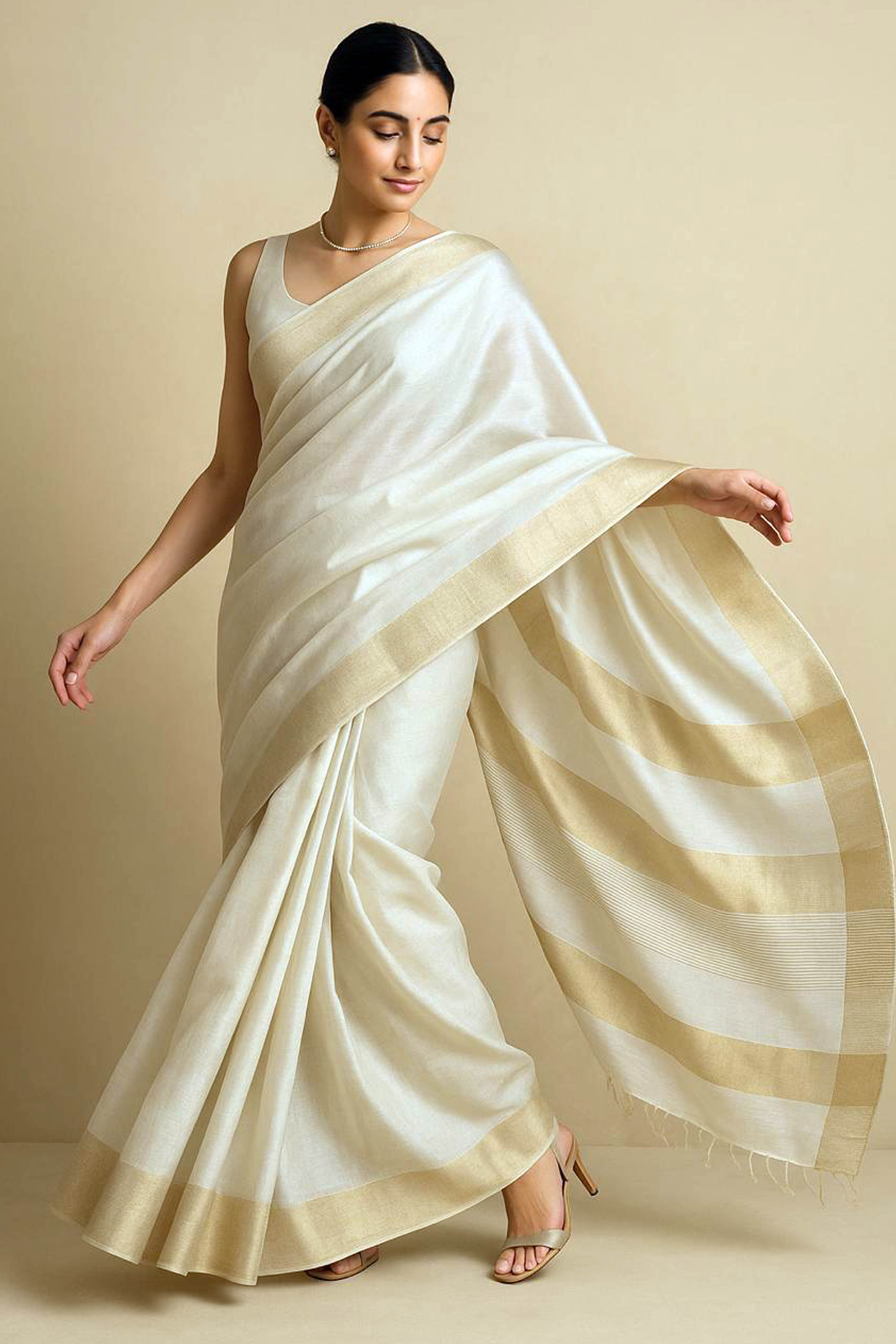 Khushi Beige Maheshwari Silk Cotton Tissue Saree - Indian Handloomz