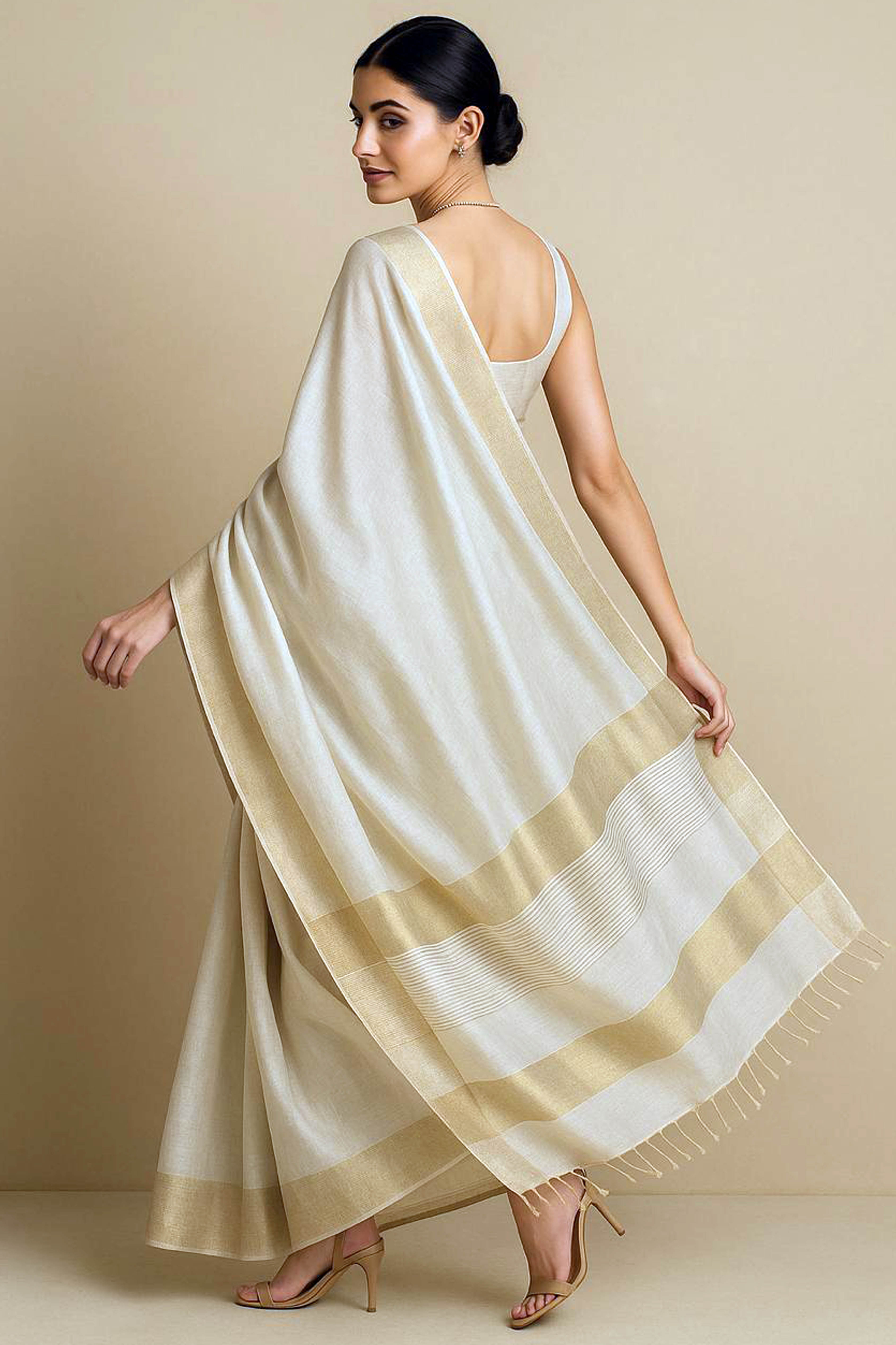 Khushi Beige Maheshwari Silk Cotton Tissue Saree - Indian Handloomz