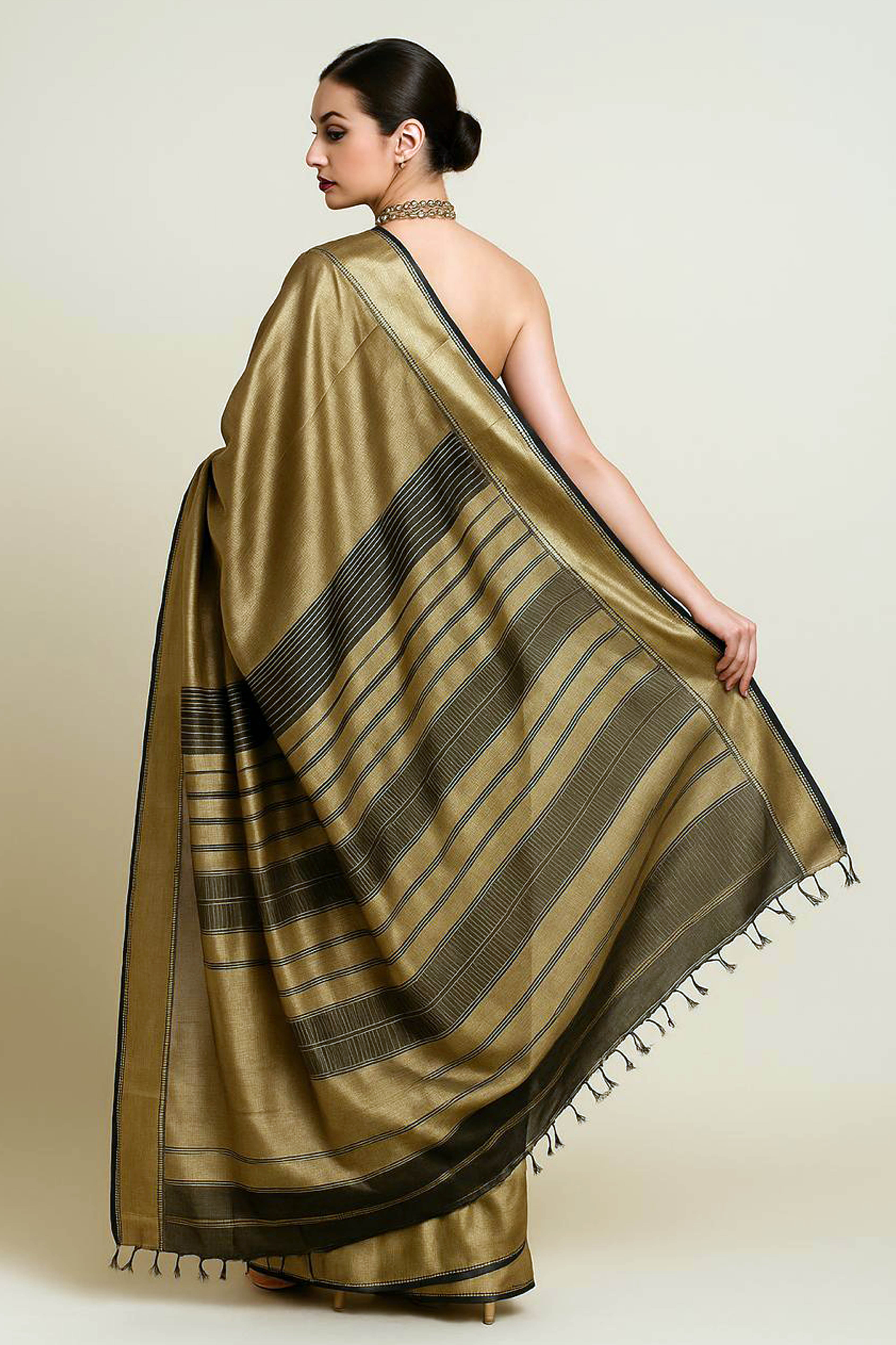 Nirvi Sand Golden Maheshwari Silk Cotton Tissue Saree - Indian Handloomz