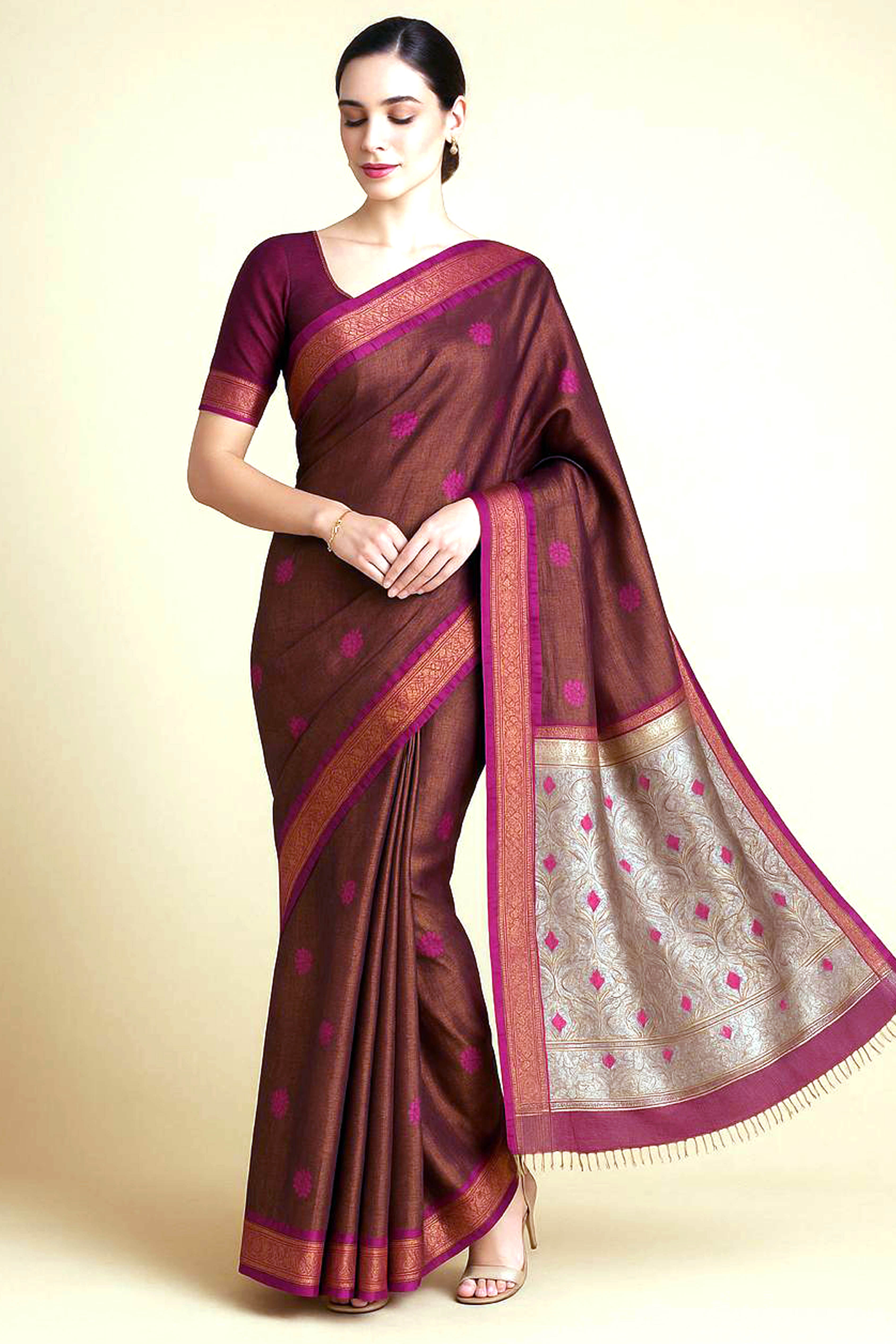 Reeva Cotton Tissue Jamdani Saree in Copper Brown Colour with Rani & Silver Buttas
