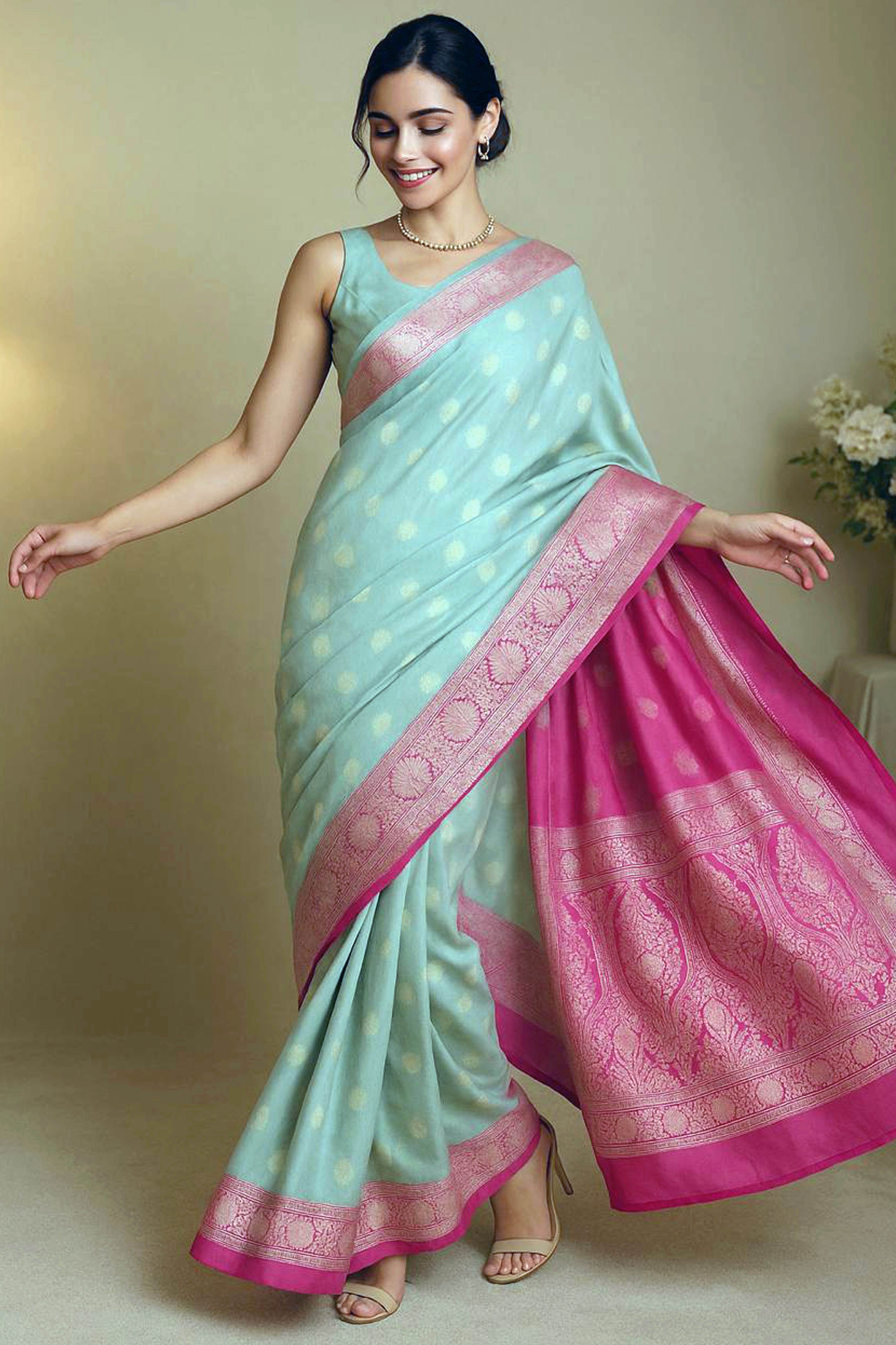 Arya Banarasi Mercerized Cotton Saree in Soft Pastel Green & Rich Pink Pallu