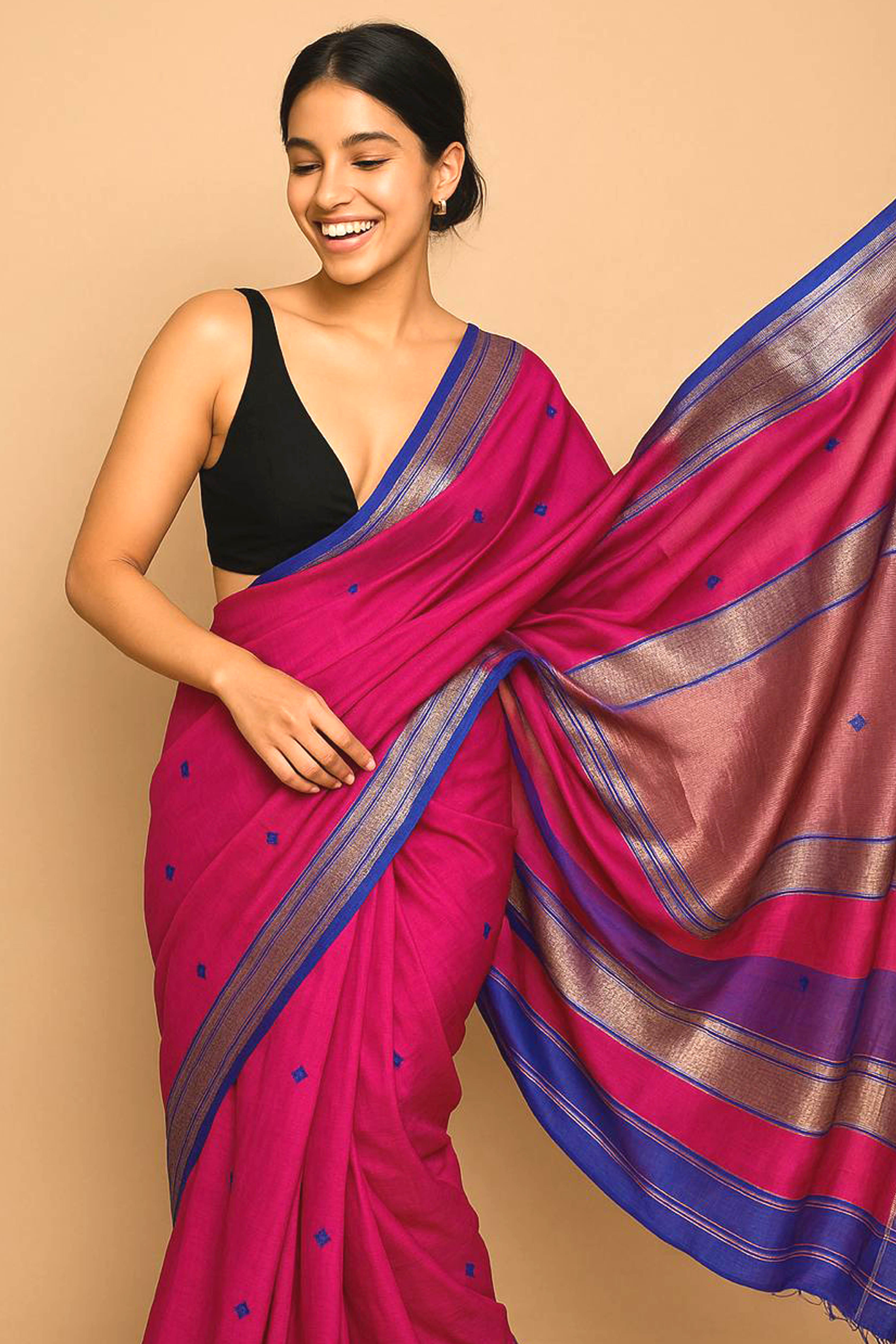 Ojasvi Pink & Blue Damru Butti Maheshwari Silk Cotton Saree - Indian Handloomz