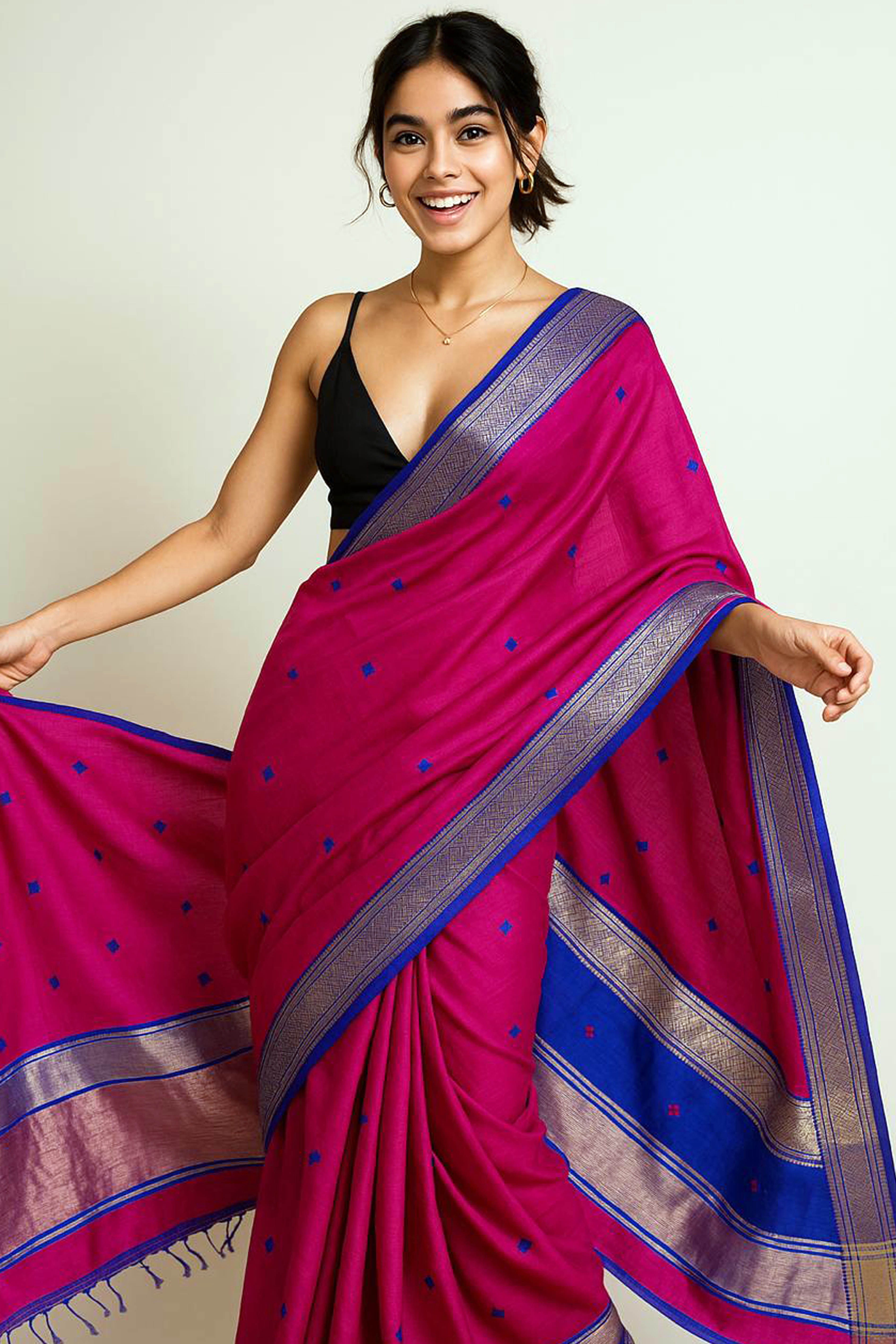 Ojasvi Pink & Blue Damru Butti Maheshwari Silk Cotton Saree - Indian Handloomz
