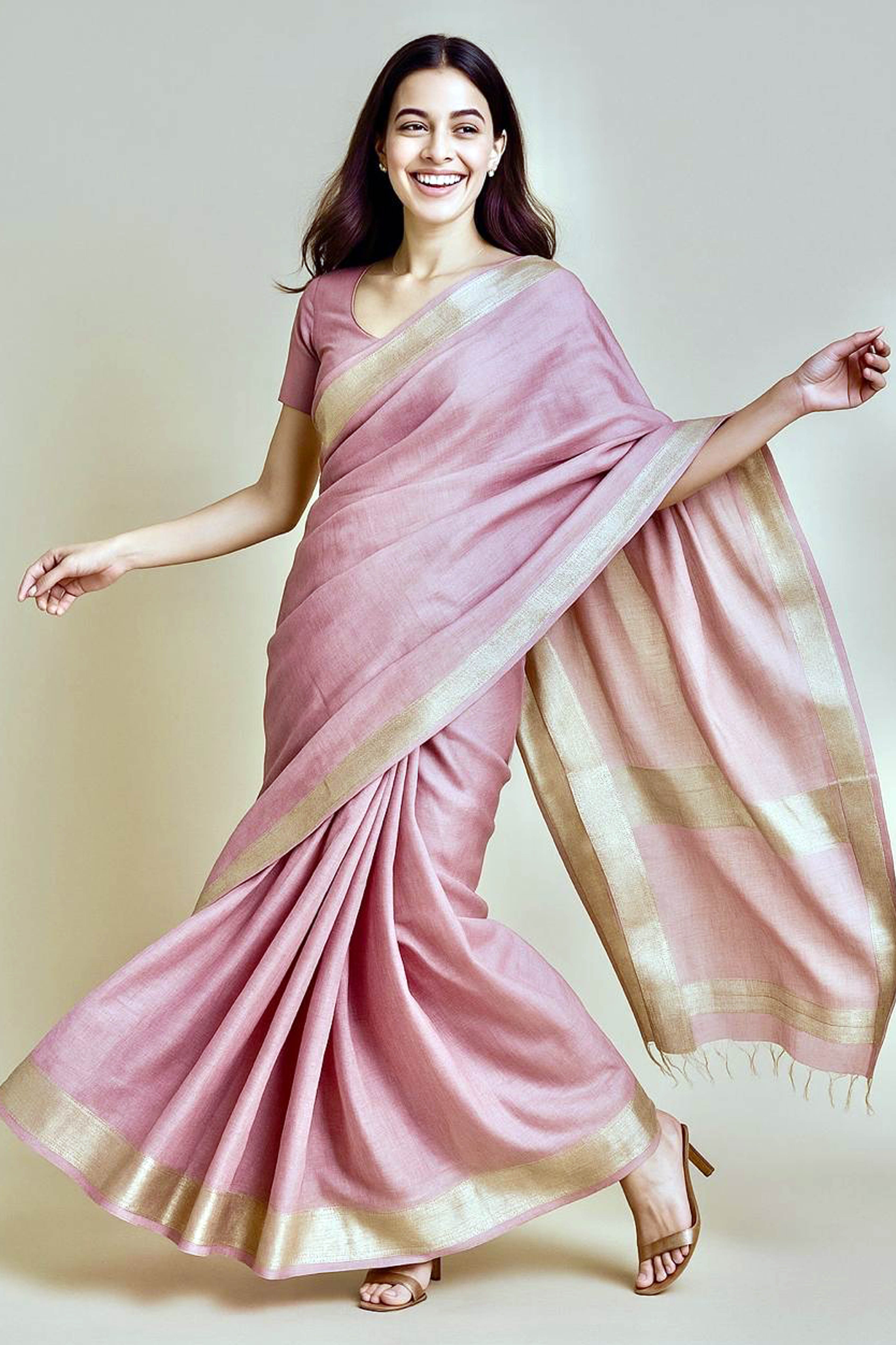 Kiyana Light Pink Maheshwari Silk Cotton Tissue Saree - Indian Handloomz