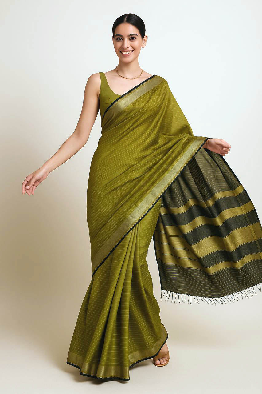 Pritha Mehndi Green & Golden Maheshwari Silk Cotton Tissue Saree - Indian Handloomz