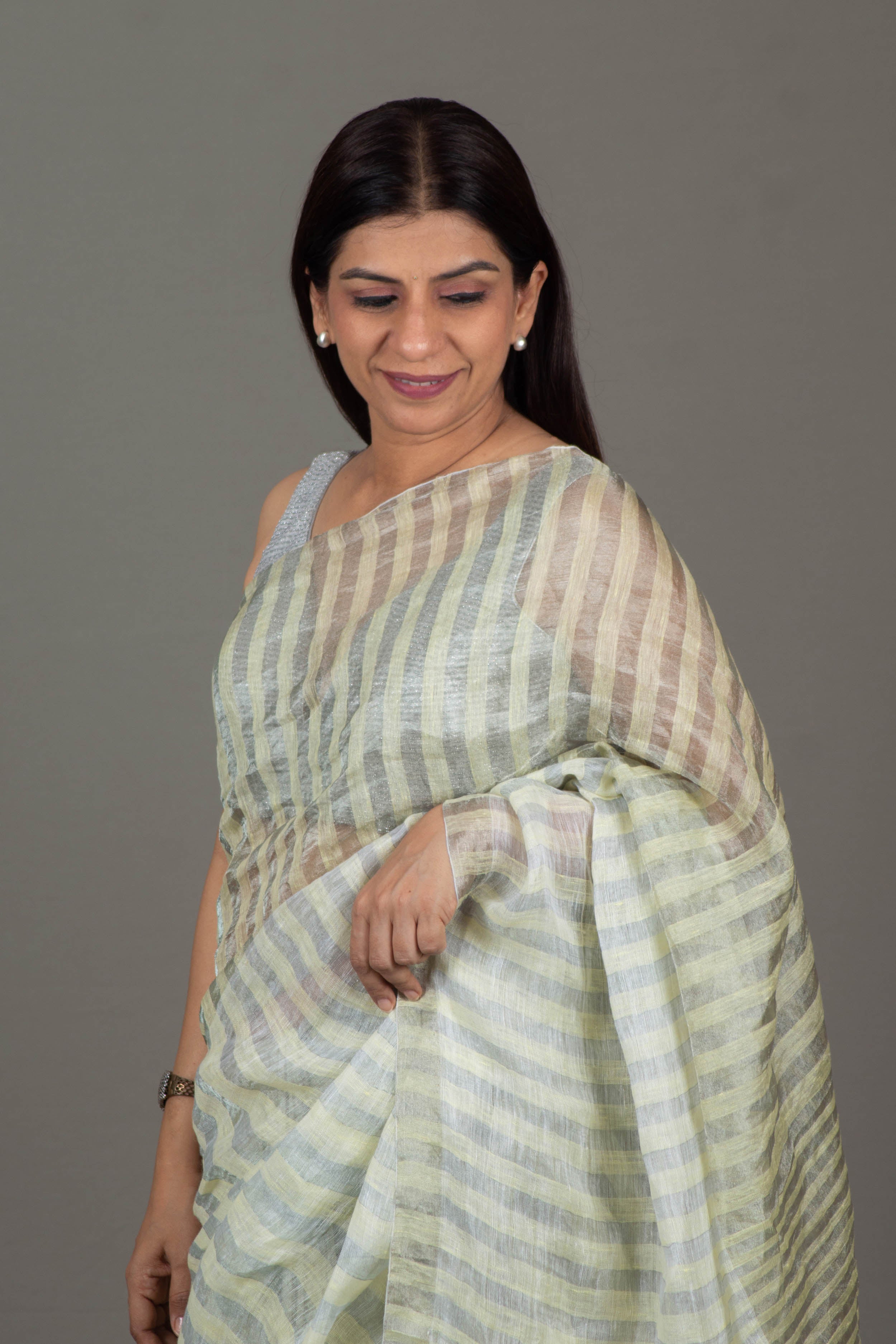 Bhramika Pure Tissue Linen Saree in Pale Lemon Yellow with Silver Stripes - Indian Handloomz