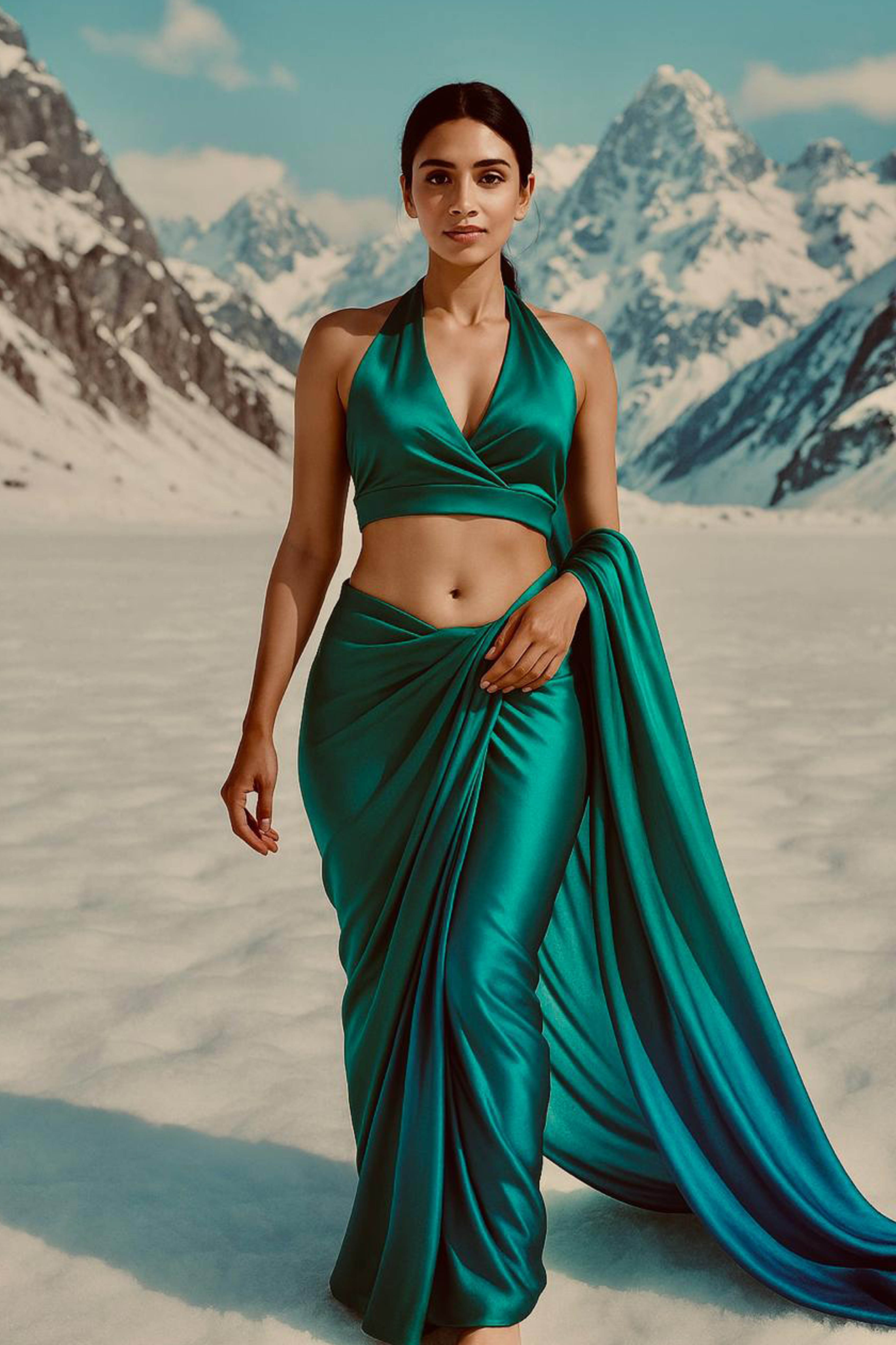 Ishvi Pure Satin Georgette Saree in Green Blue Ombre - Indian Handloomz
