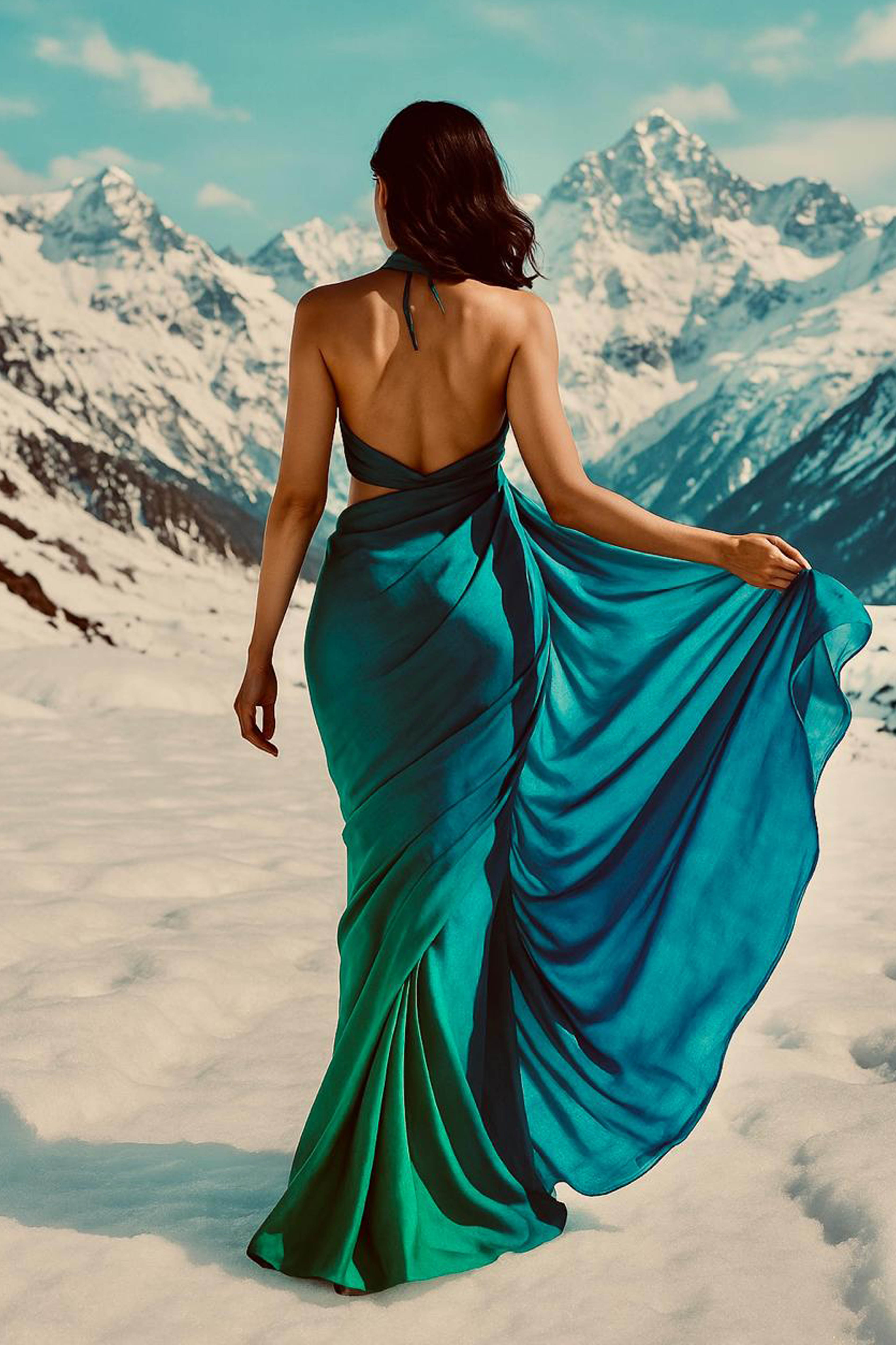 Ishvi Pure Satin Georgette Saree in Green Blue Ombre - Indian Handloomz