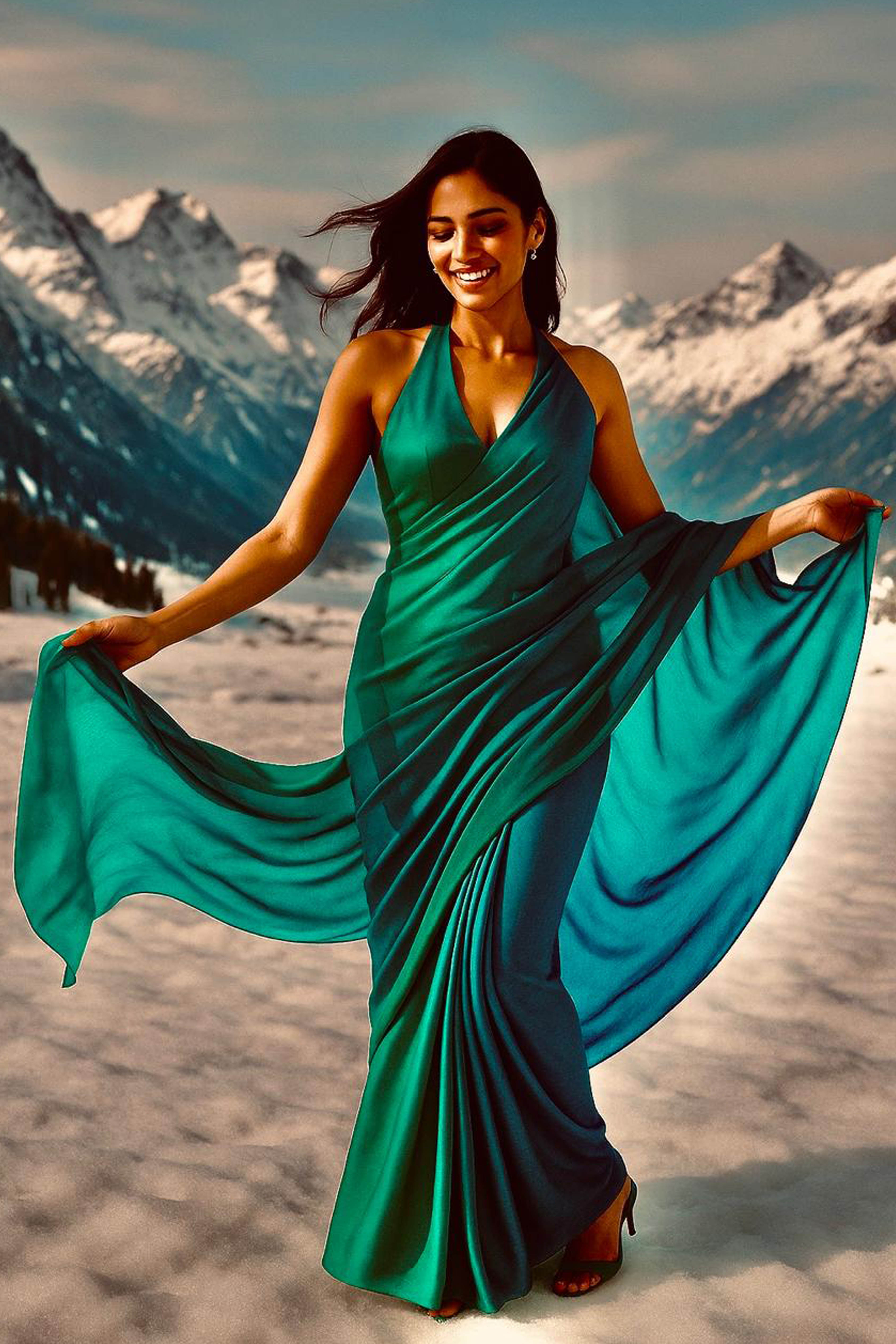 Ishvi Pure Satin Georgette Saree in Green Blue Ombre - Indian Handloomz