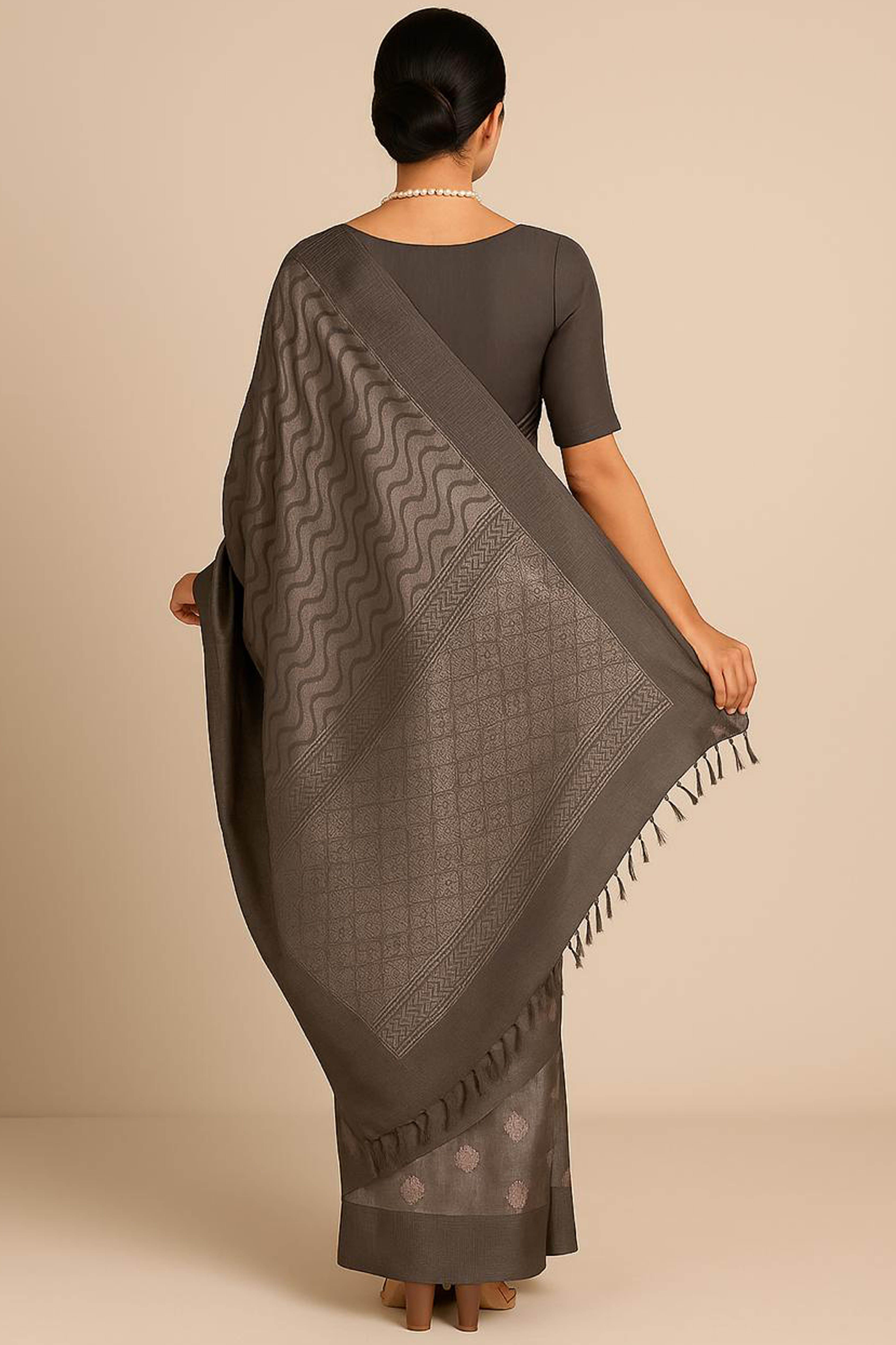 Rupali Pure Linen Cotton Saree in Ash Grey Colour with Silver Buttas