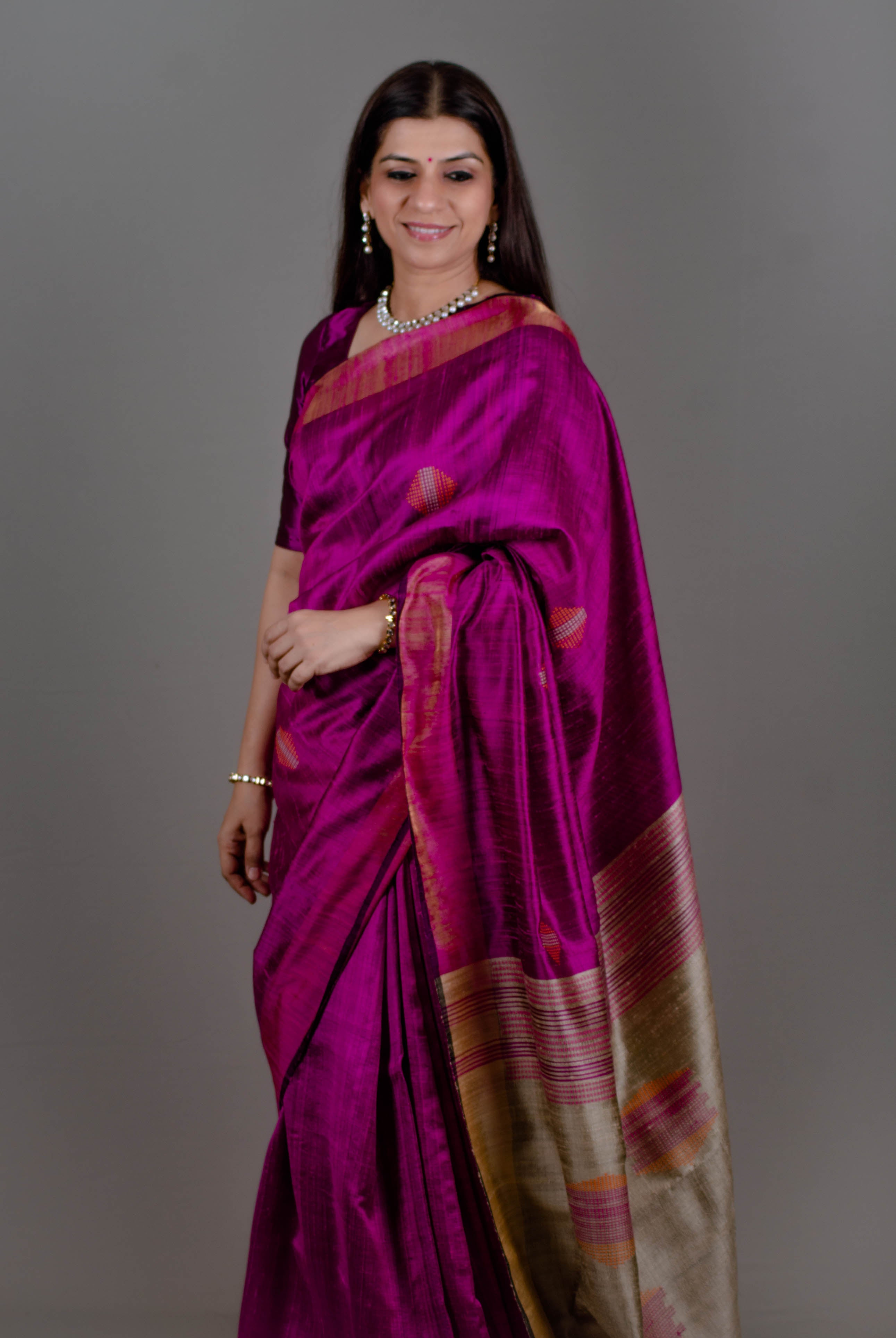 Divya Pure Tussar Silk Saree in Magenta Colour with Contrast Light Grey Anchal - Indian Handloomz