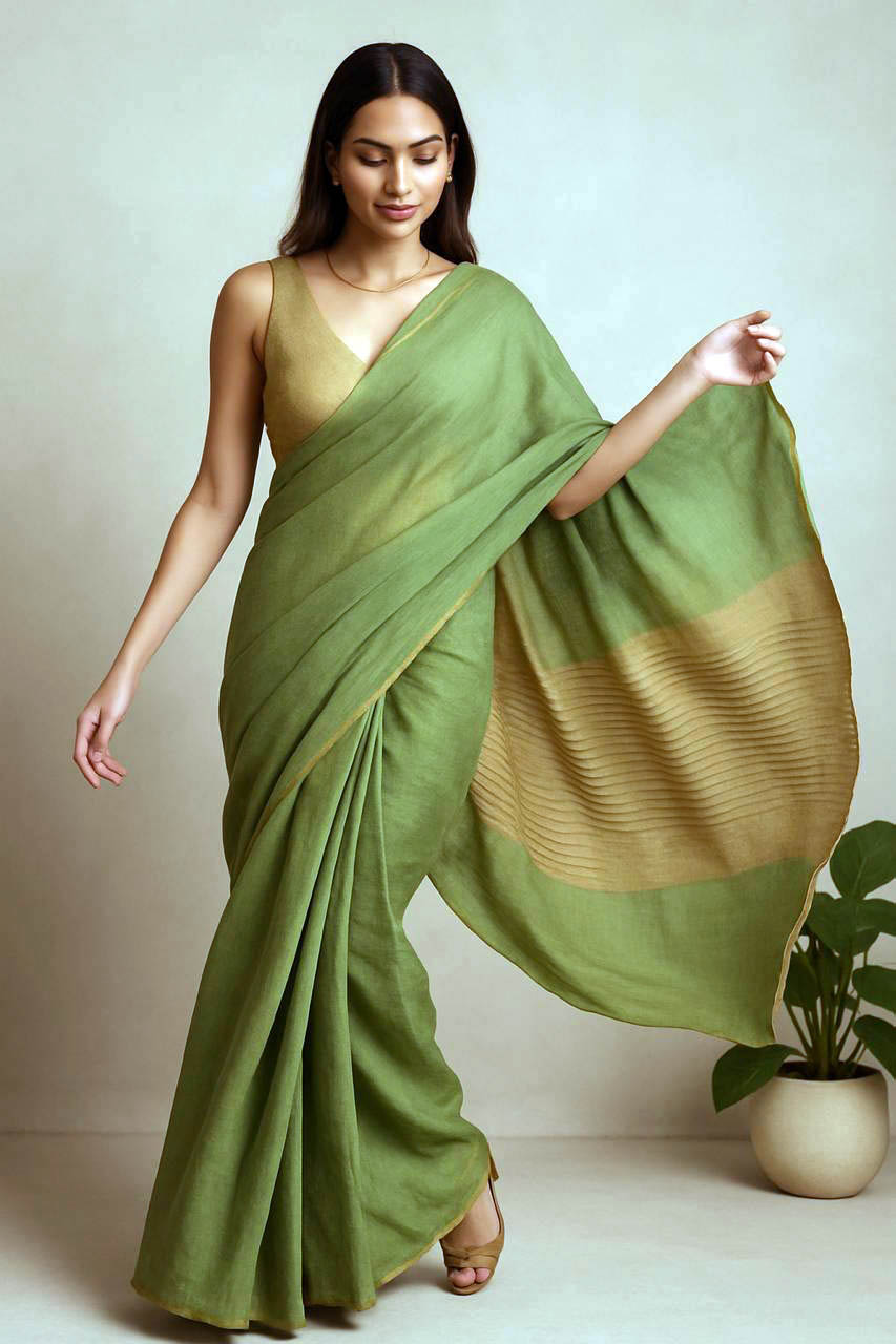 Revati Tissue Linen Saree in Moss Green - Indian Handloomz