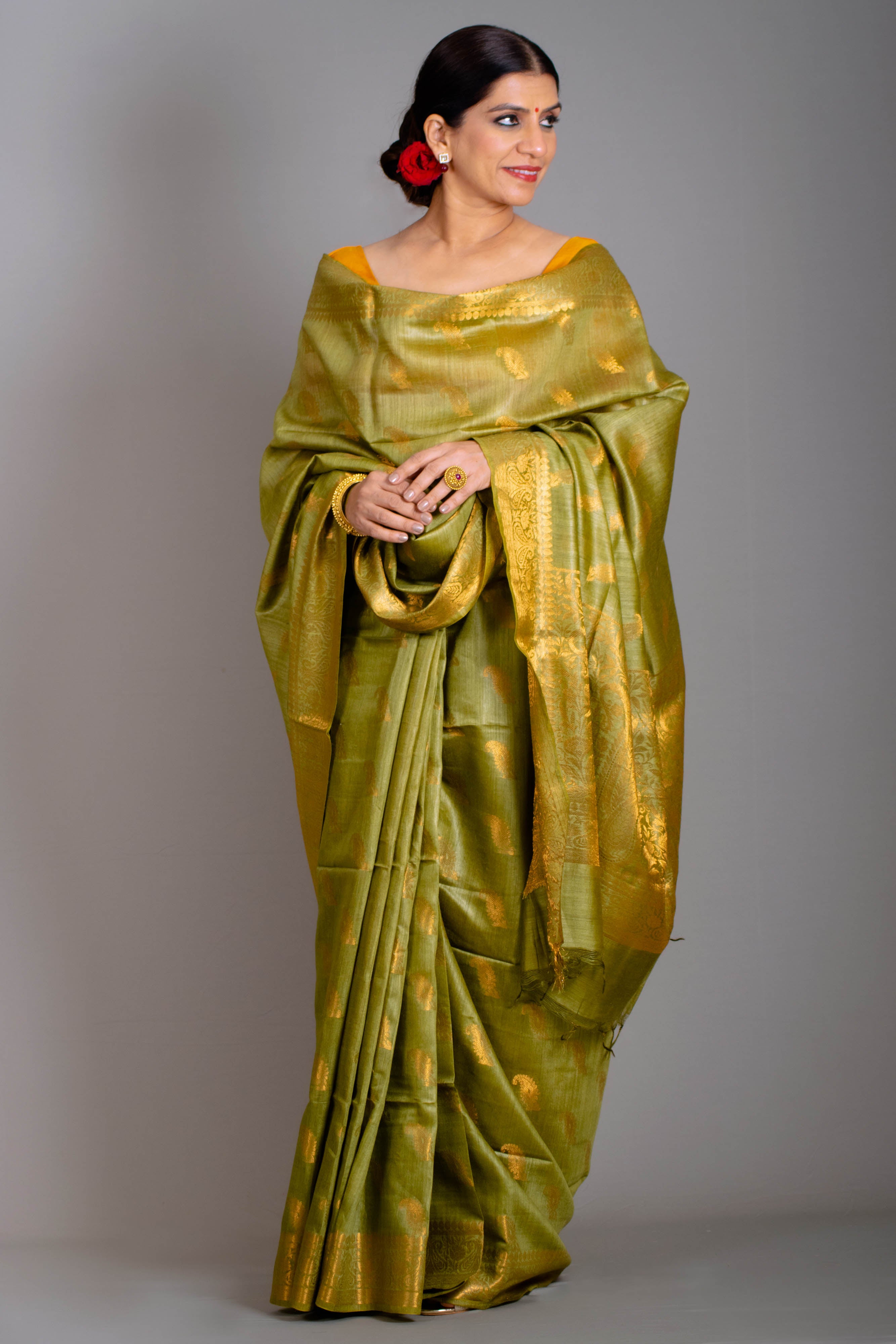 Aditi Pure Moonga Tussar Silk Saree in Mehendi Green Colour with Golden Border & Butas. - Indian Handloomz