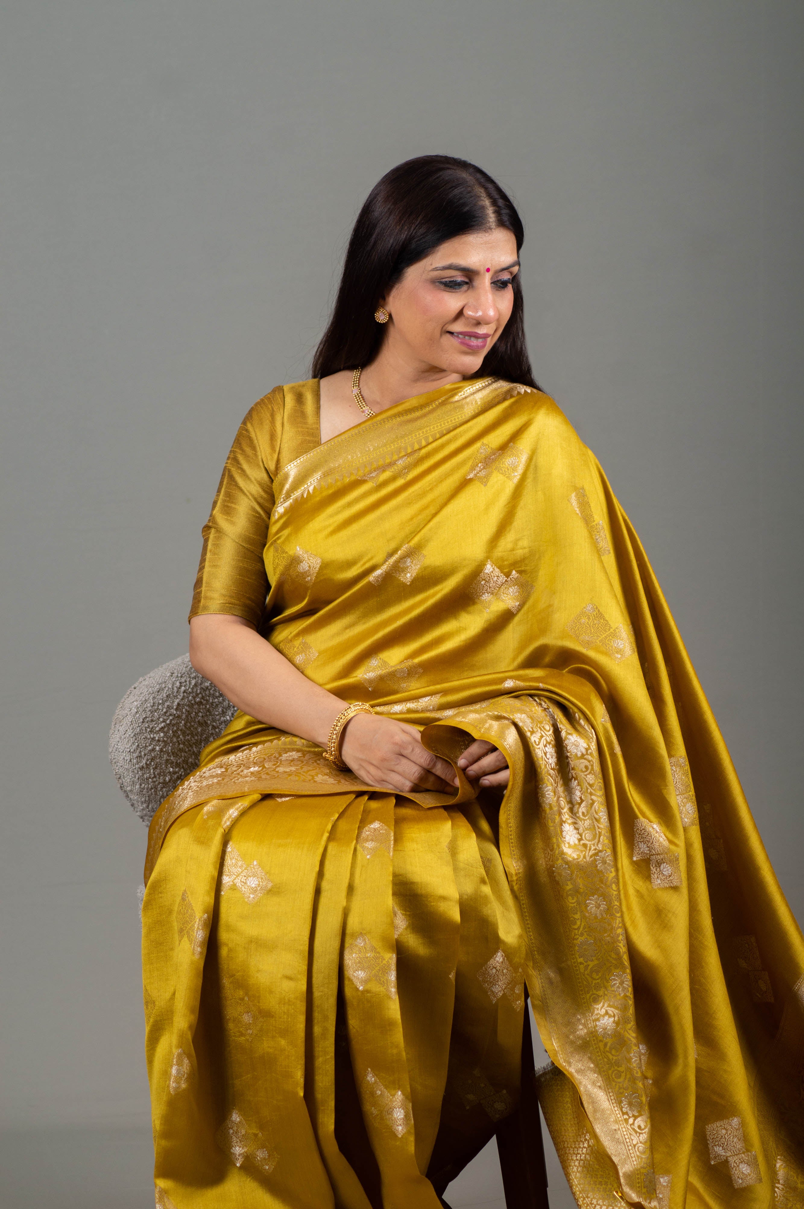 Sundari Pure Banarasi Katan Silk Saree in Deep Golden Colour with Sona Rupa Border - Indian Handloomz