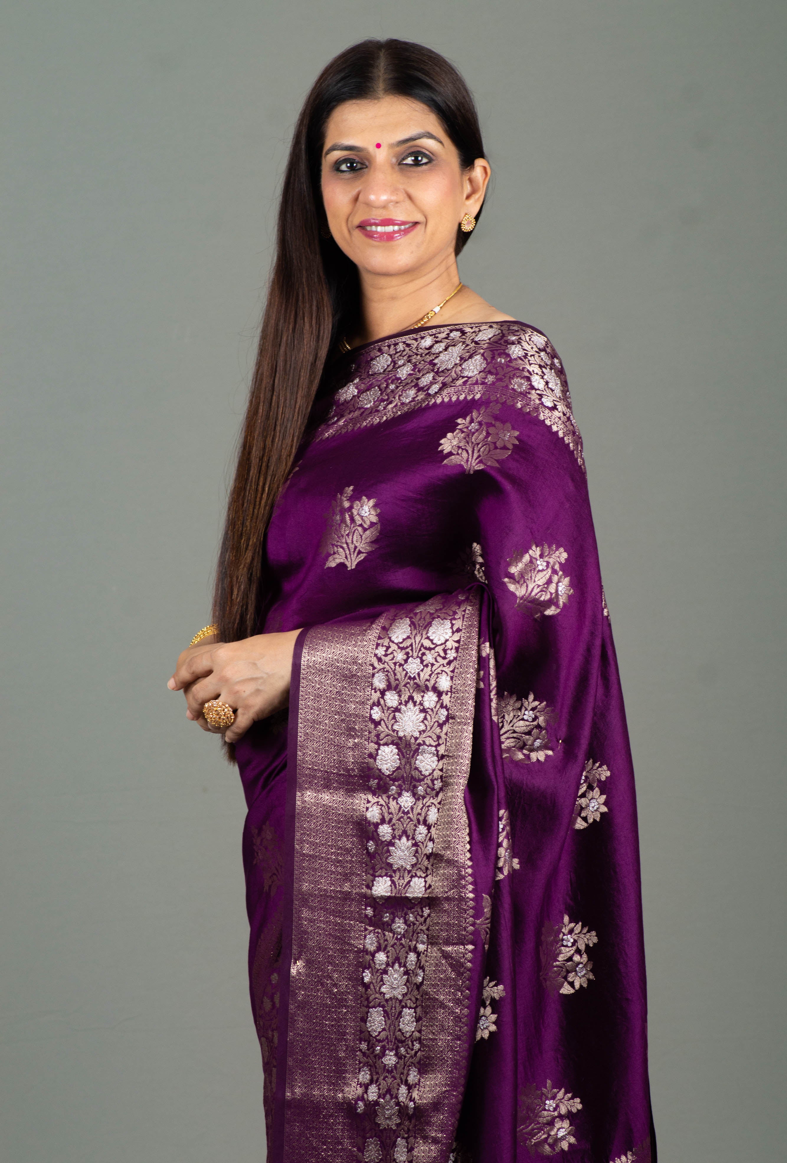 Mithya Pure Banarasi Katan Silk Saree in Aubergine with Sona Rupa Zari Weave - Indian Handloomz