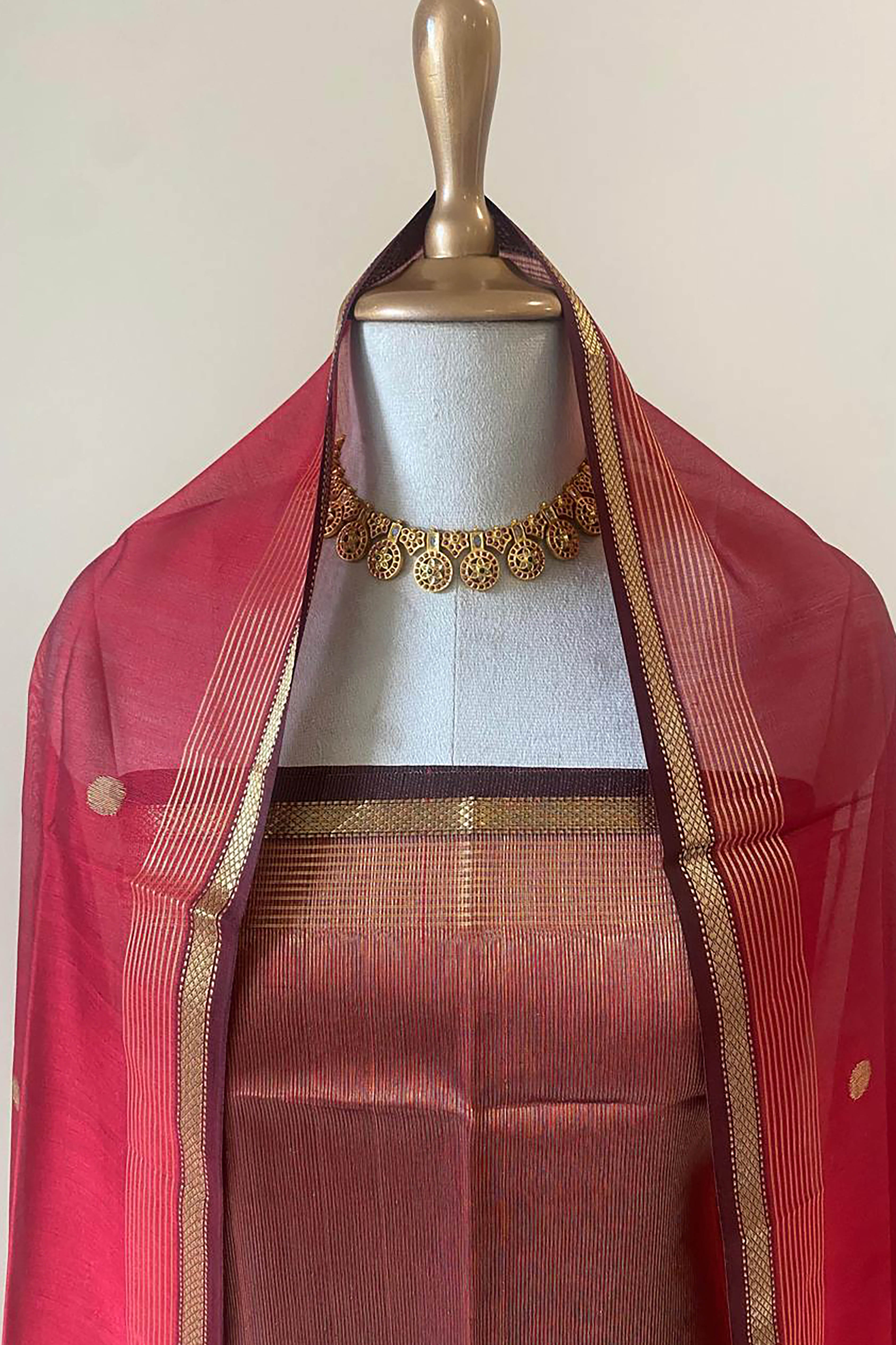 Aparna Chilli Red Colour Tissue Cotton Silk Maheshwari Unstitched Suit Set - Indian Handloomz