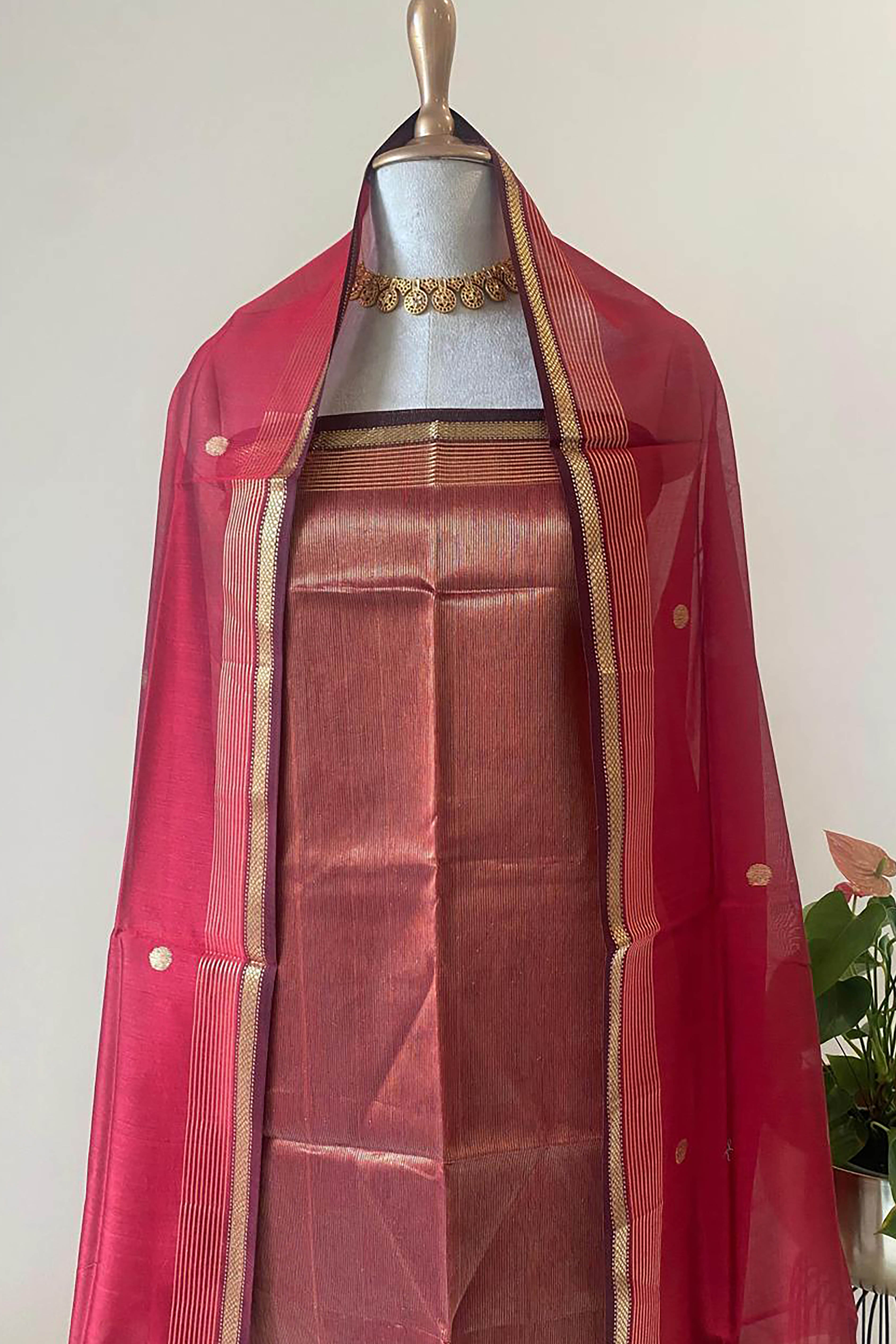 Aparna Chilli Red Colour Tissue Cotton Silk Maheshwari Unstitched Suit Set - Indian Handloomz