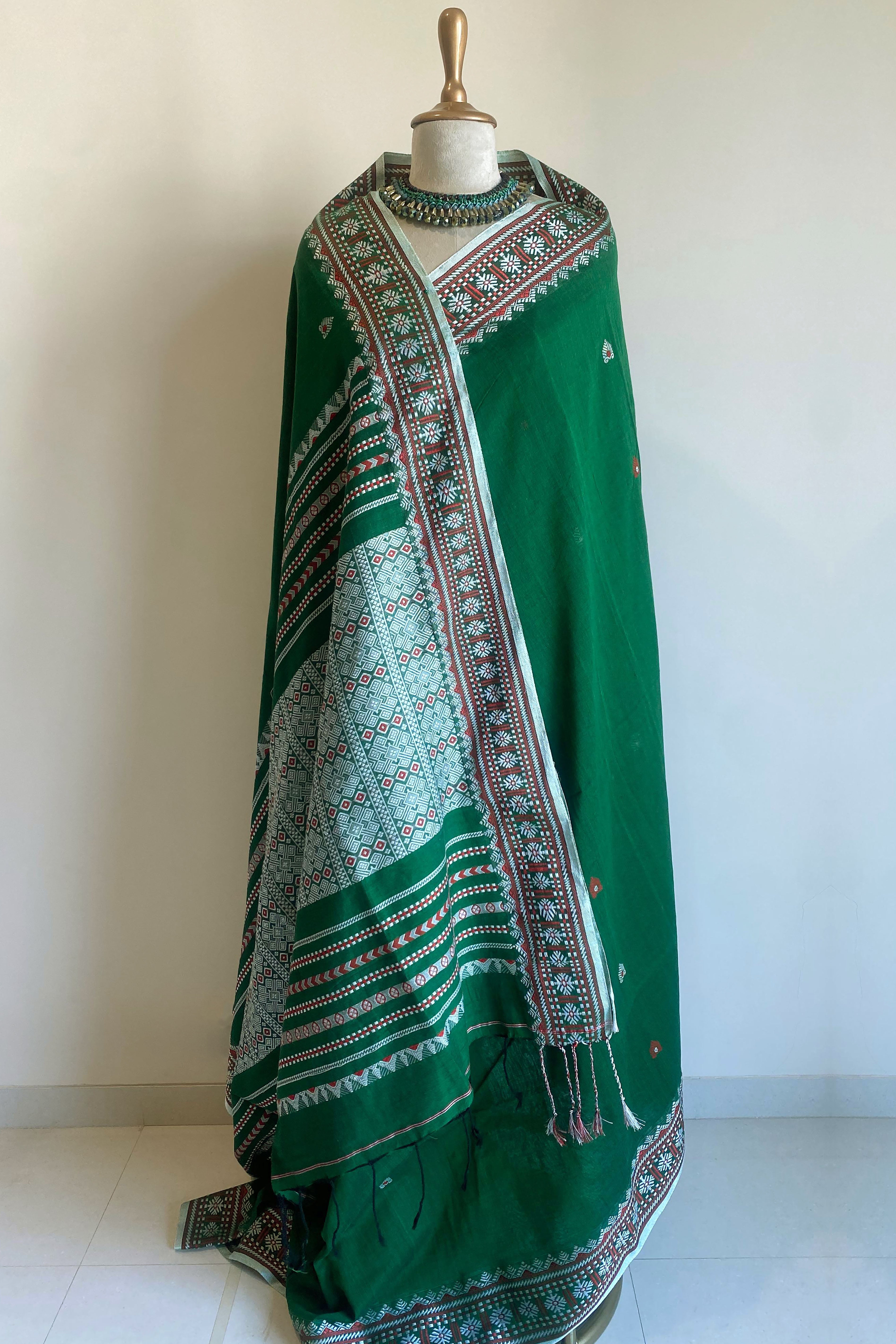 Gargi Jamdani Assam Cotton Saree in Green Pink and Orange Colour