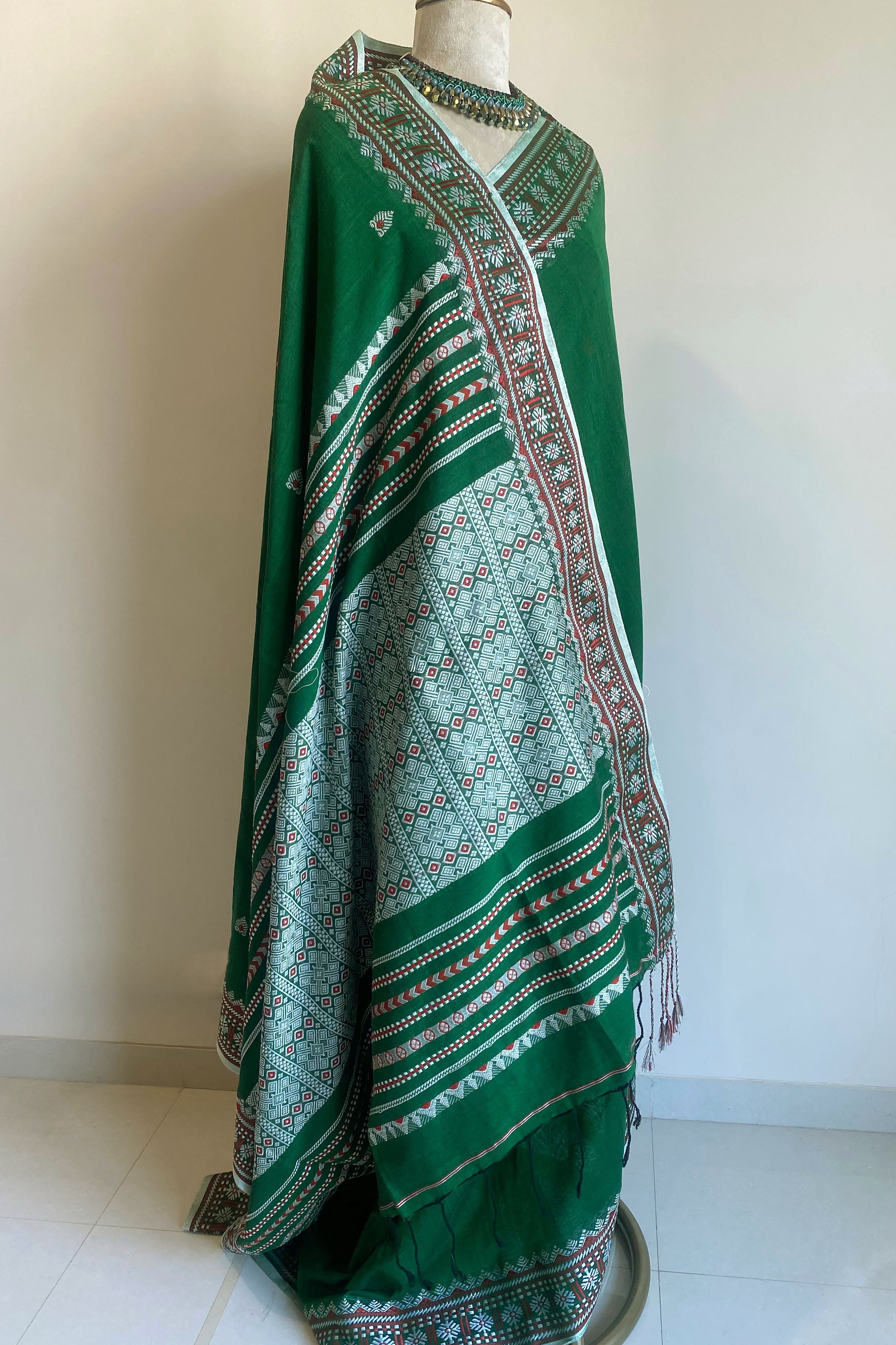 Gargi Jamdani Assam Cotton Saree in Green Pink and Orange Colour