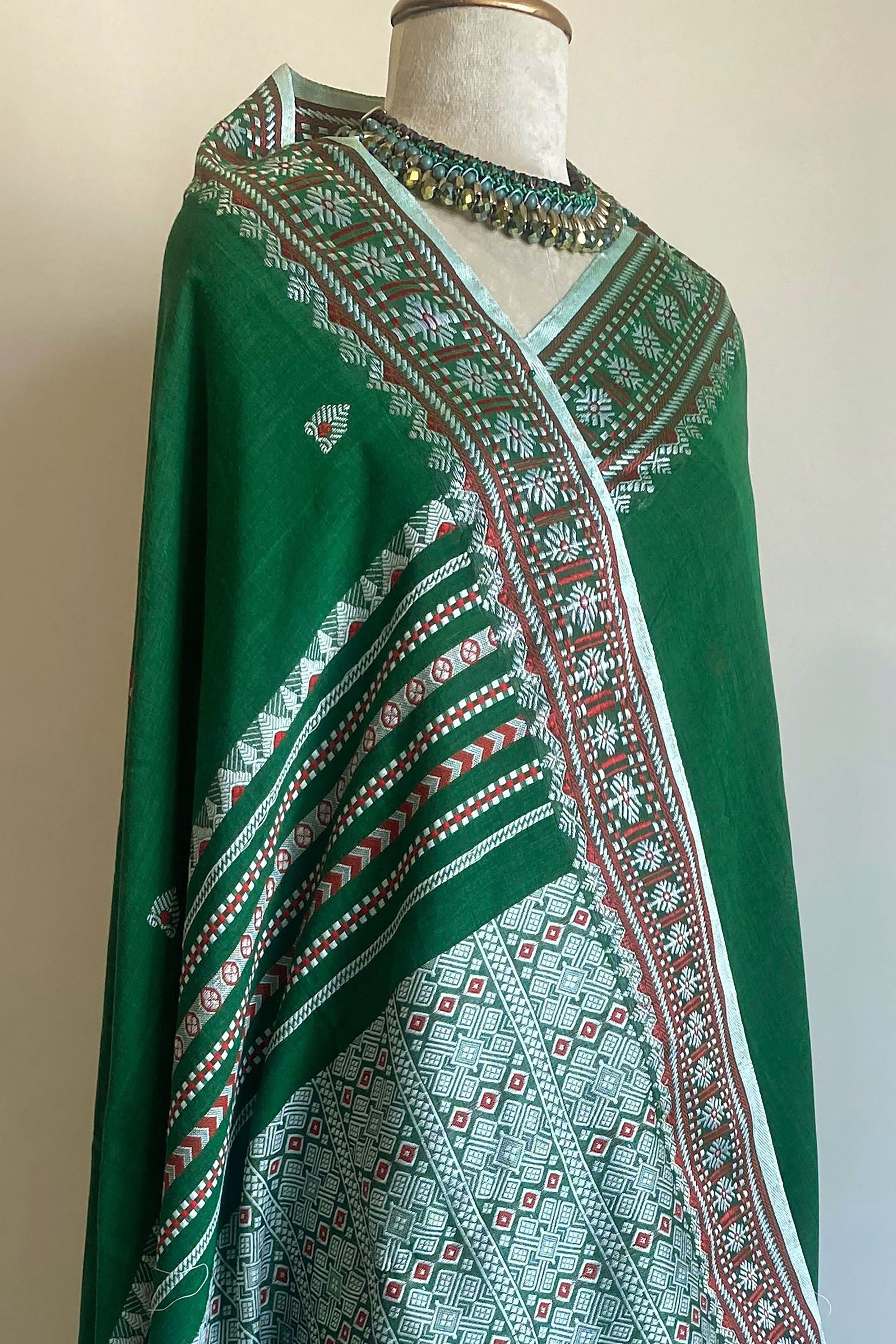 Gargi Jamdani Assam Cotton Saree in Green Pink and Orange Colour
