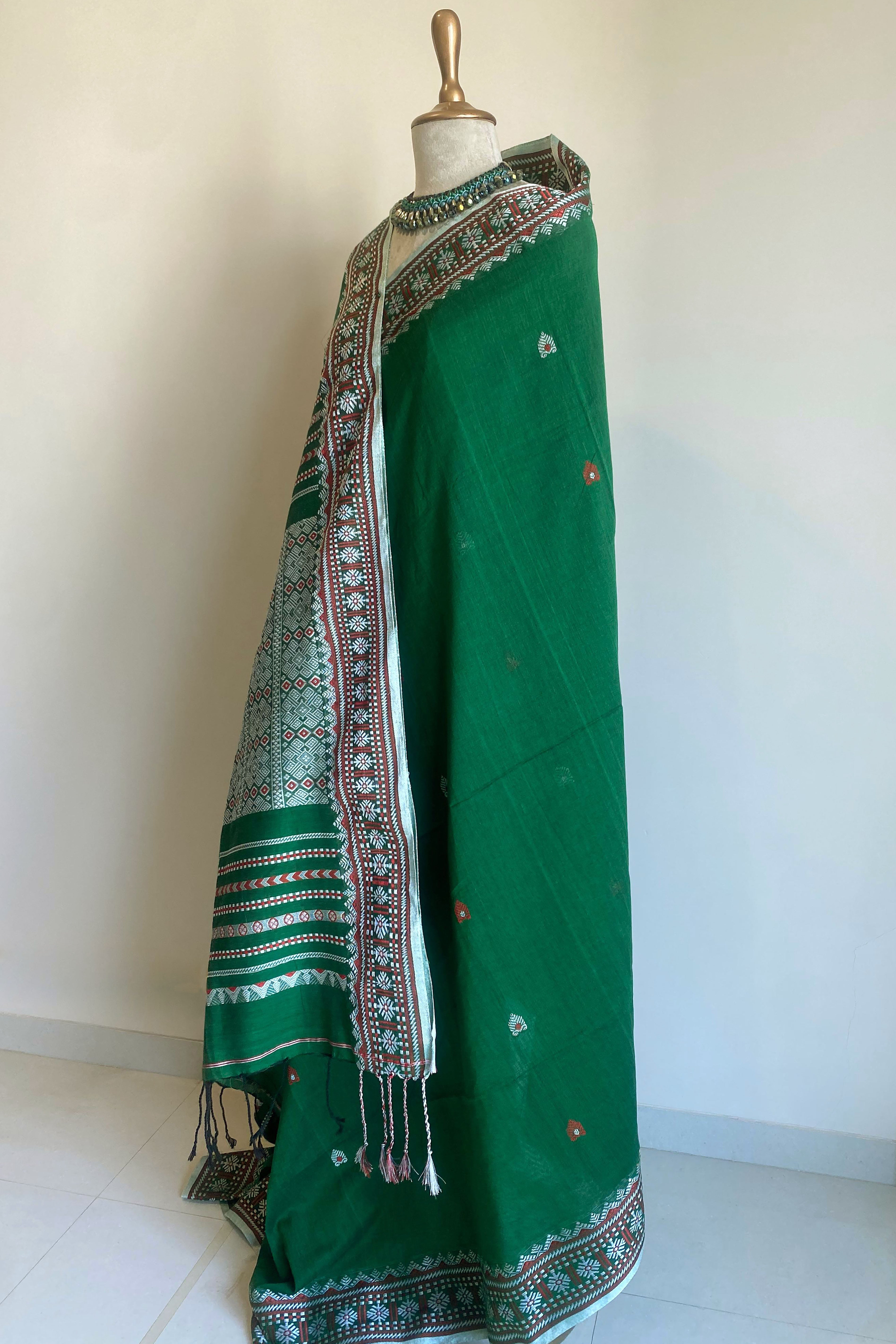 Gargi Jamdani Assam Cotton Saree in Green Pink and Orange Colour