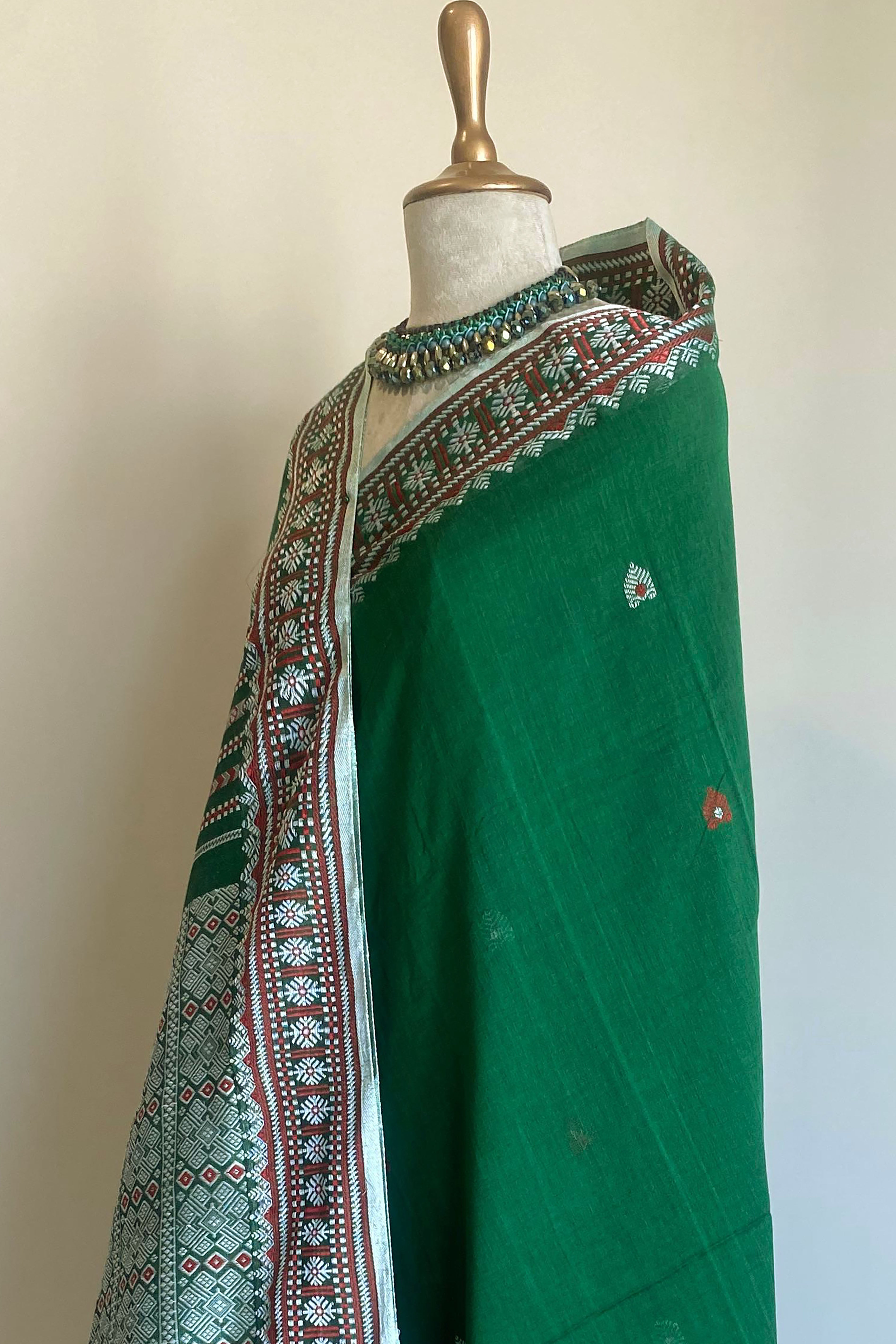 Gargi Jamdani Assam Cotton Saree in Green Pink and Orange Colour