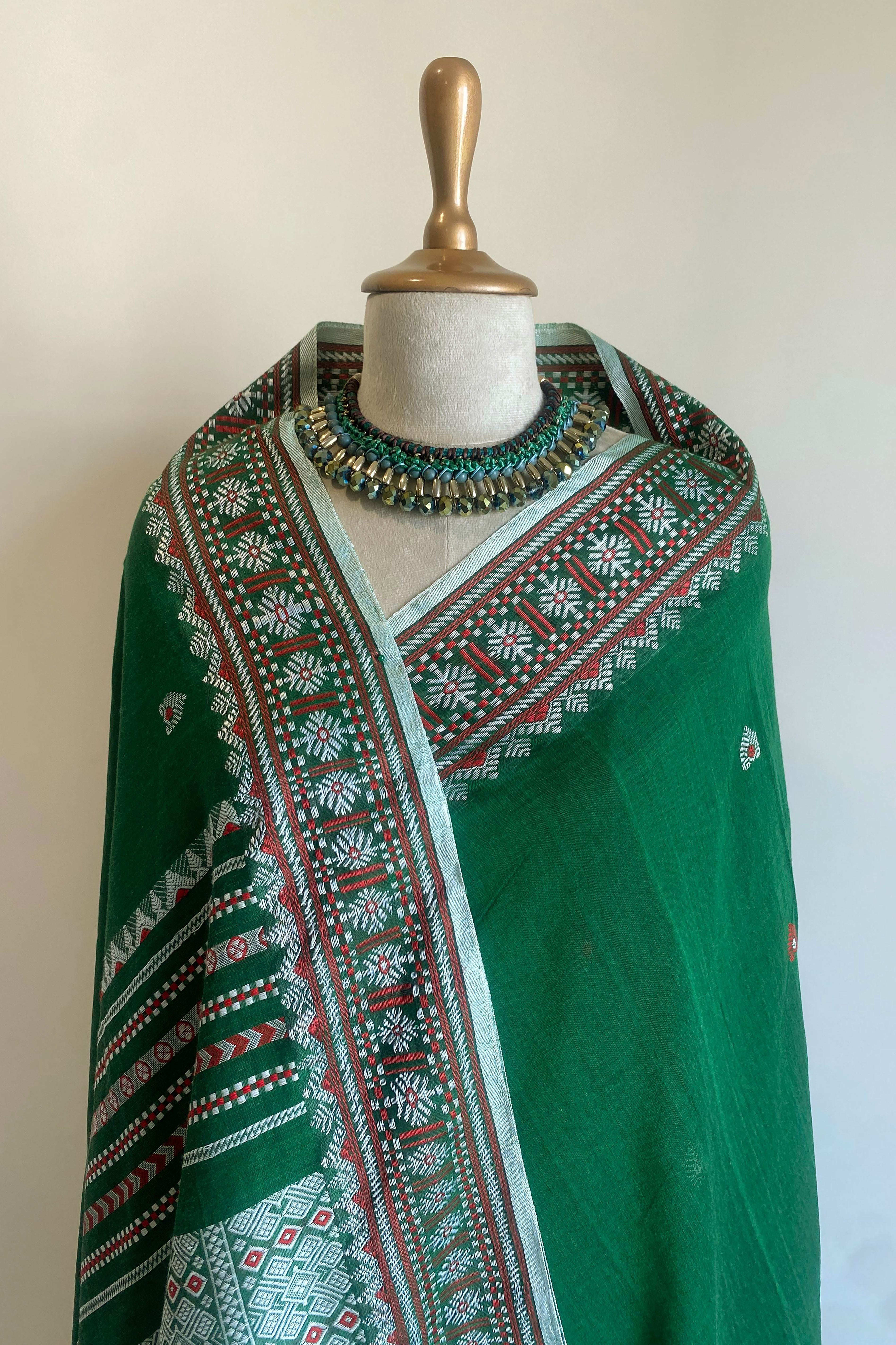 Gargi Jamdani Assam Cotton Saree in Green Pink and Orange Colour