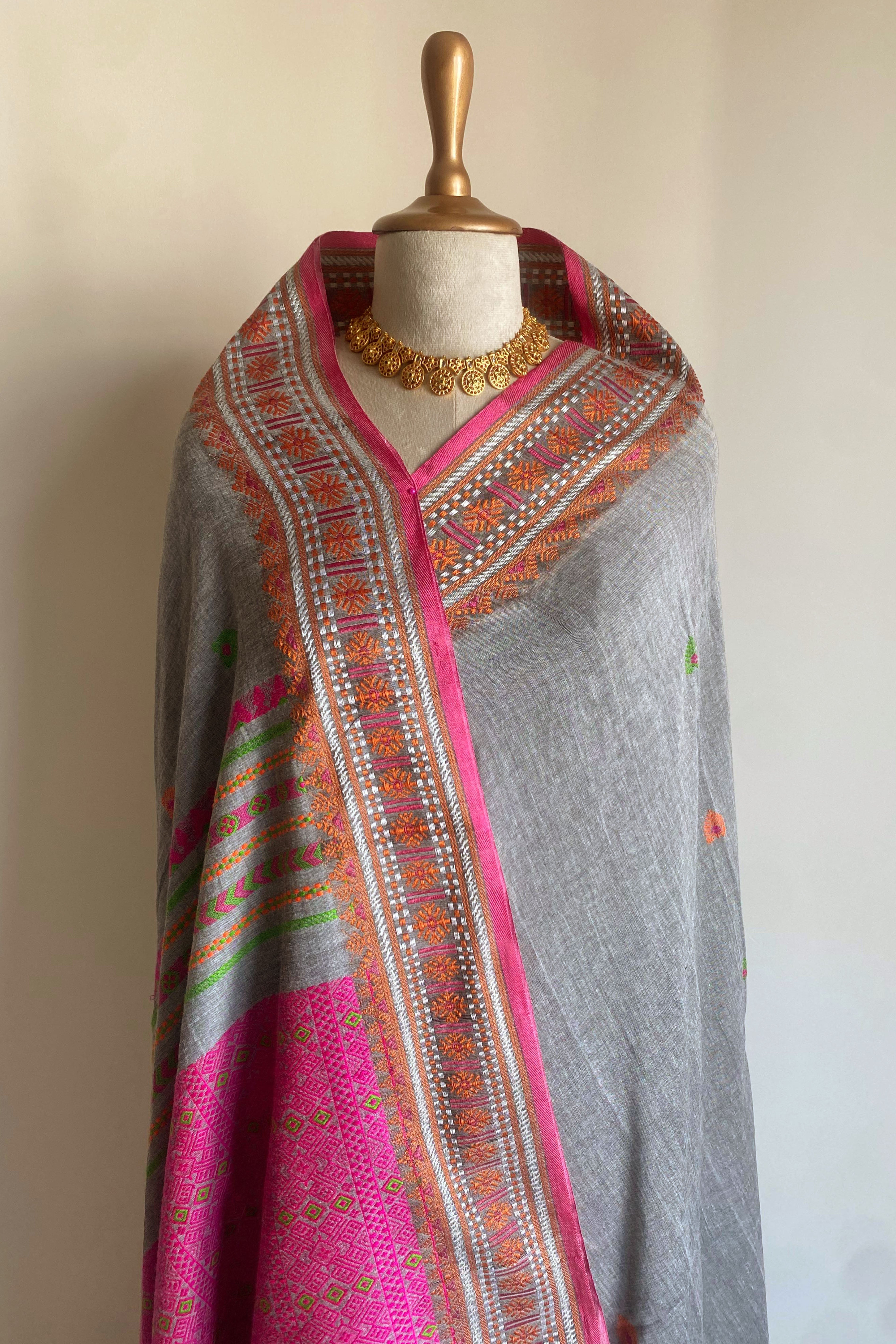Rashmita Jamdani Assam Cotton Saree in Grey, Pink and Green Colour - Indian Handloomz
