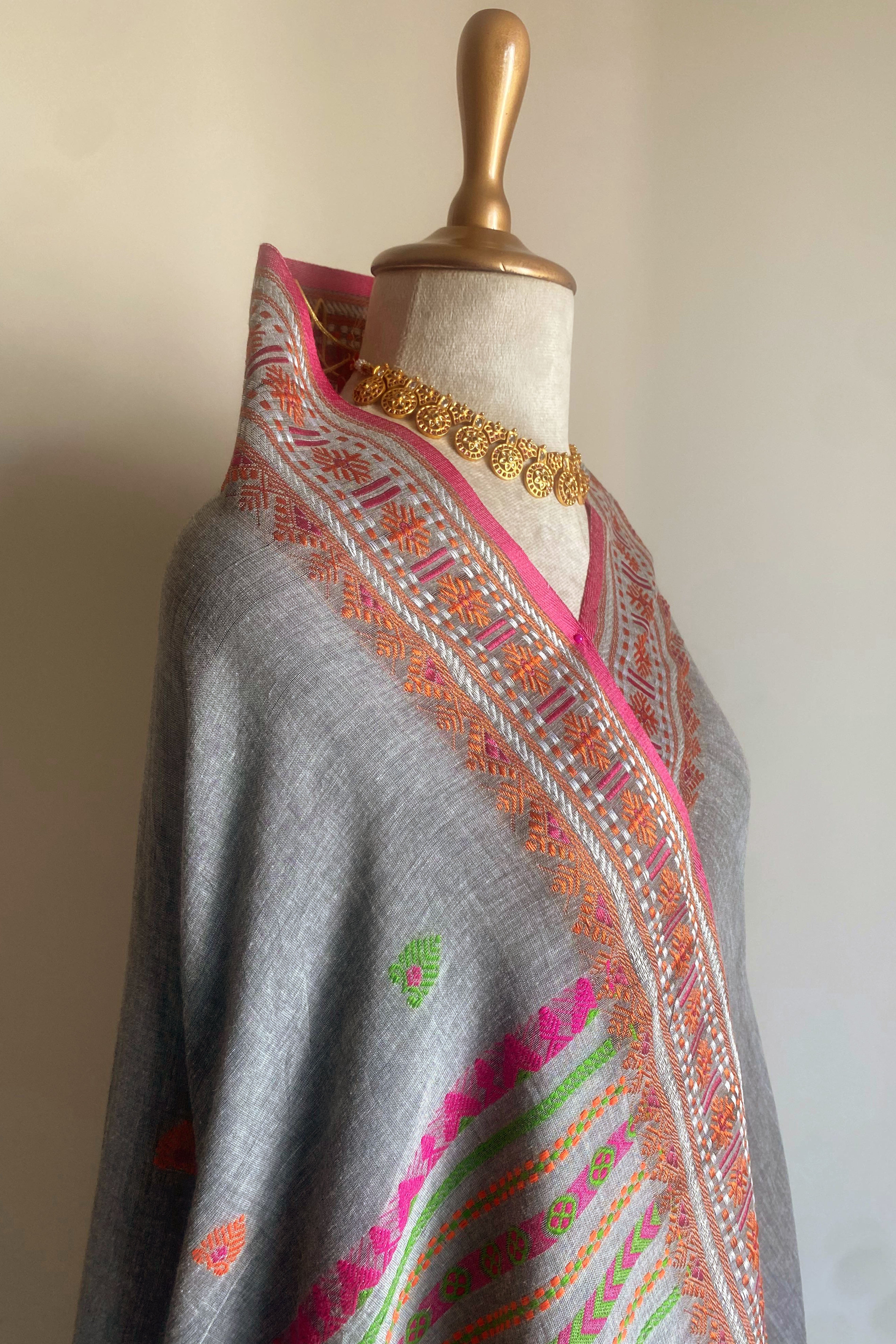 Rashmita Jamdani Assam Cotton Saree in Grey, Pink and Green Colour - Indian Handloomz