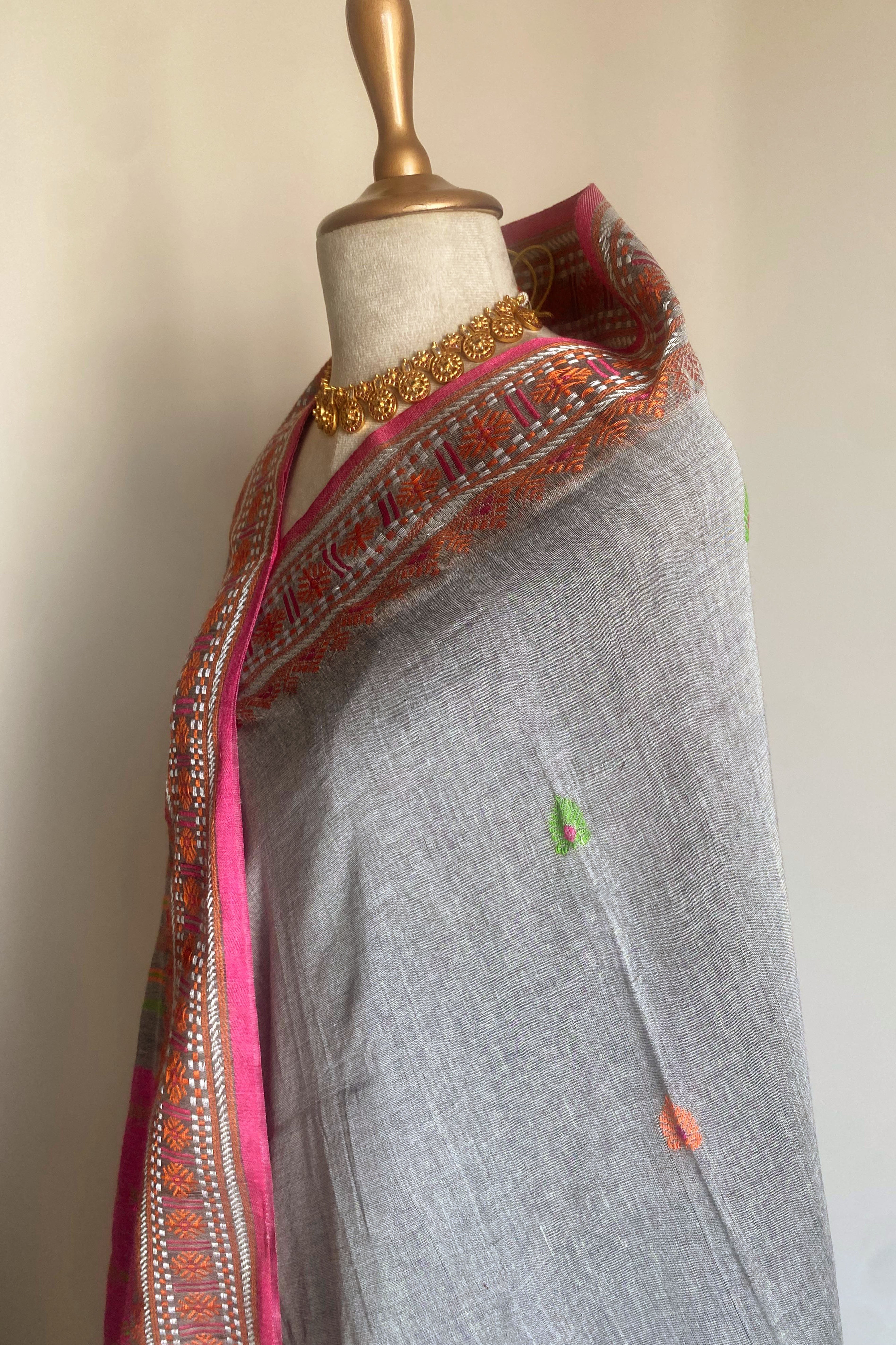 Rashmita Jamdani Assam Cotton Saree in Grey, Pink and Green Colour - Indian Handloomz